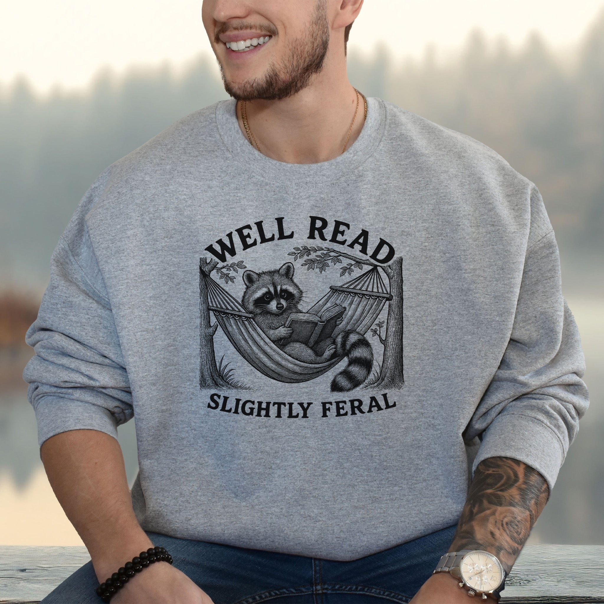 Well Read Slightly Feral Raccoon Camping Sweatshirt