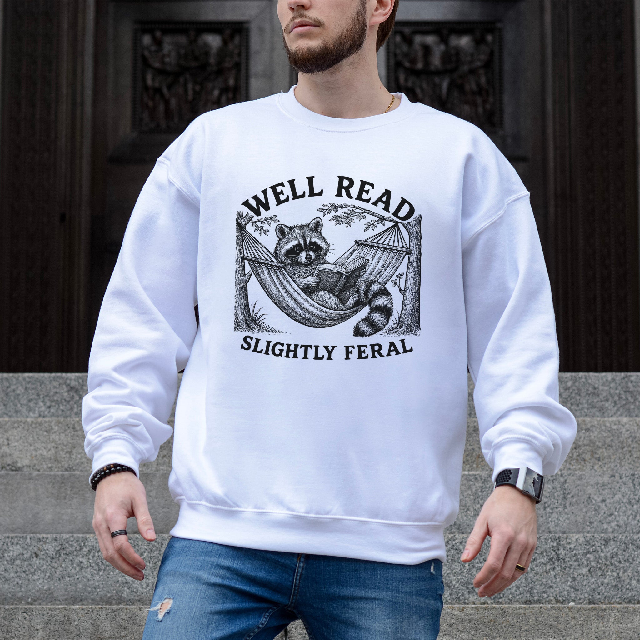 Well Read Slightly Feral Raccoon Camping Sweatshirt