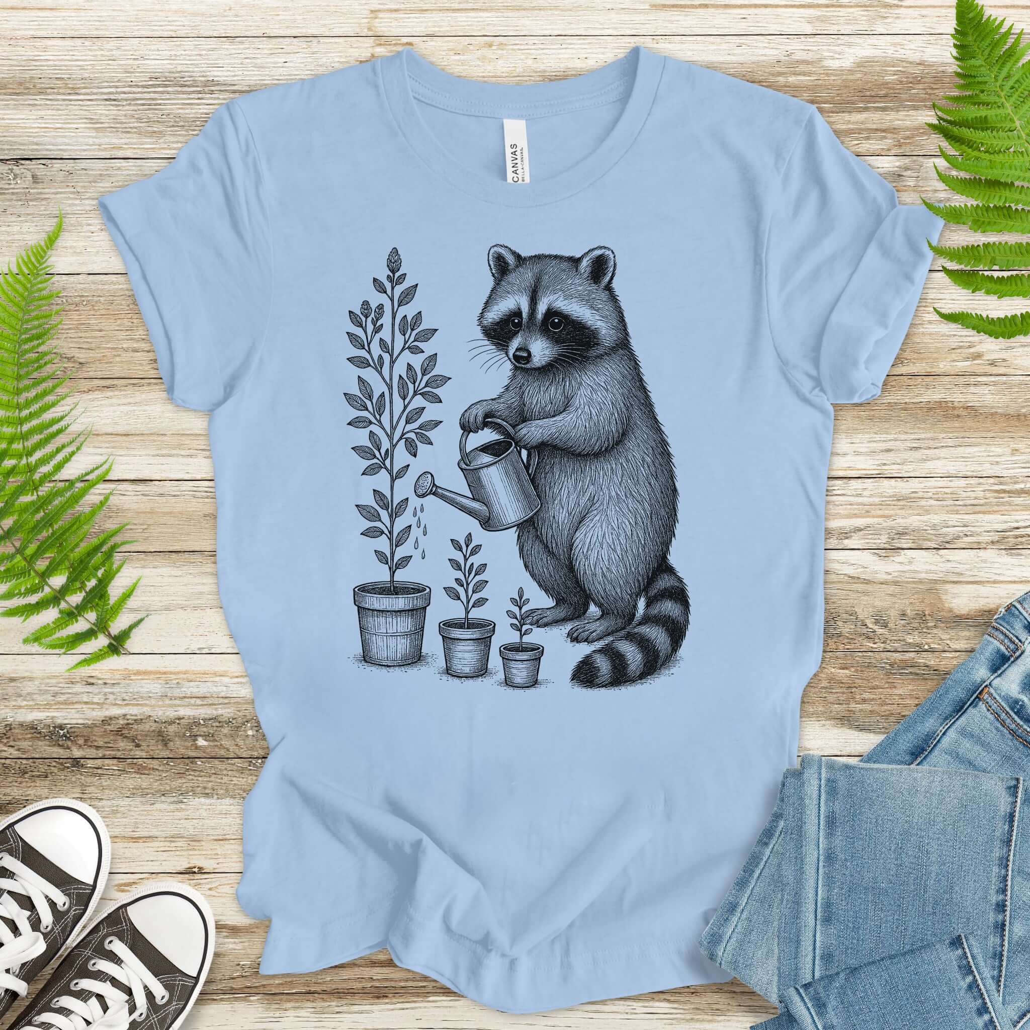 Raccoon Watering Plants Garden T-Shirt