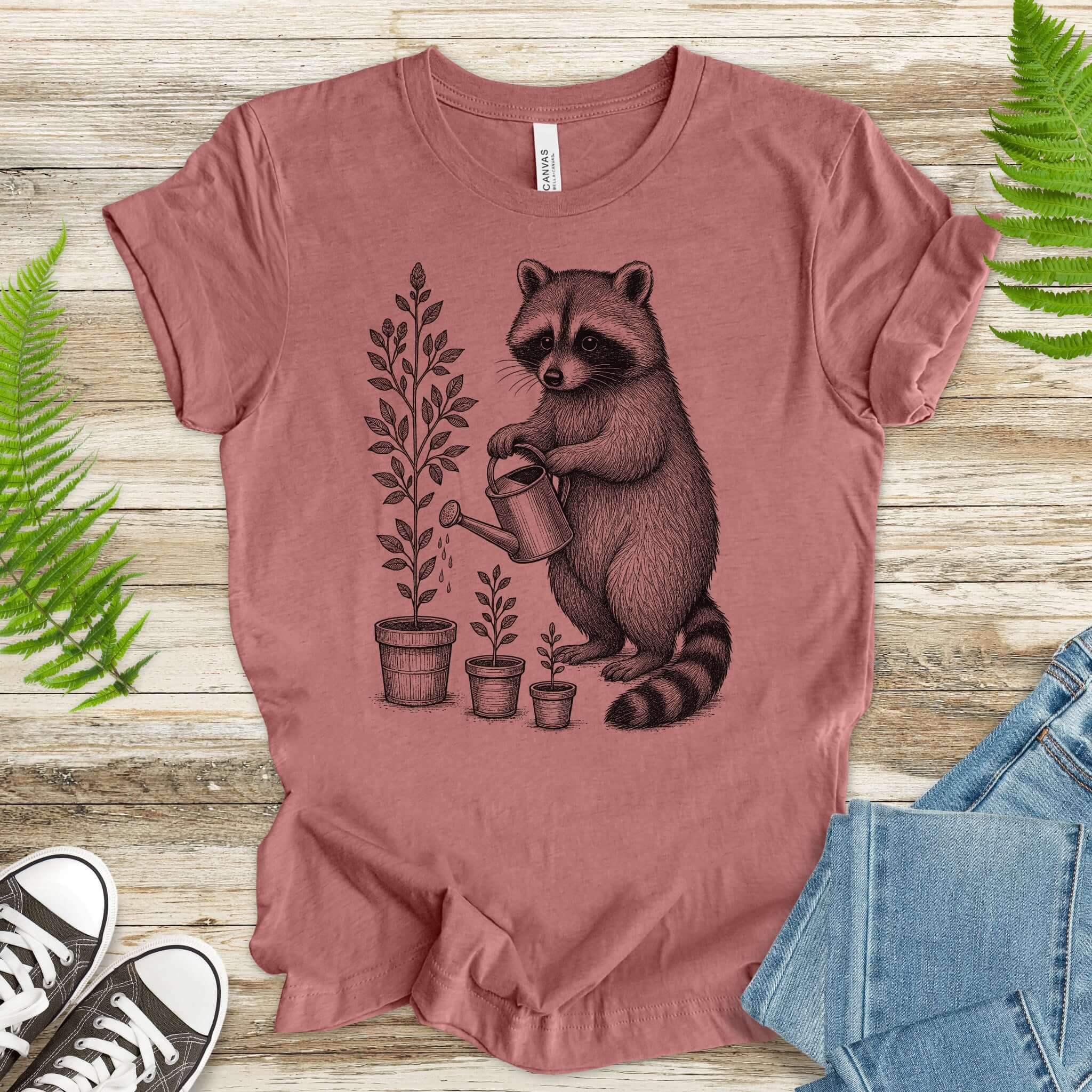 Raccoon Watering Plants Garden T-Shirt