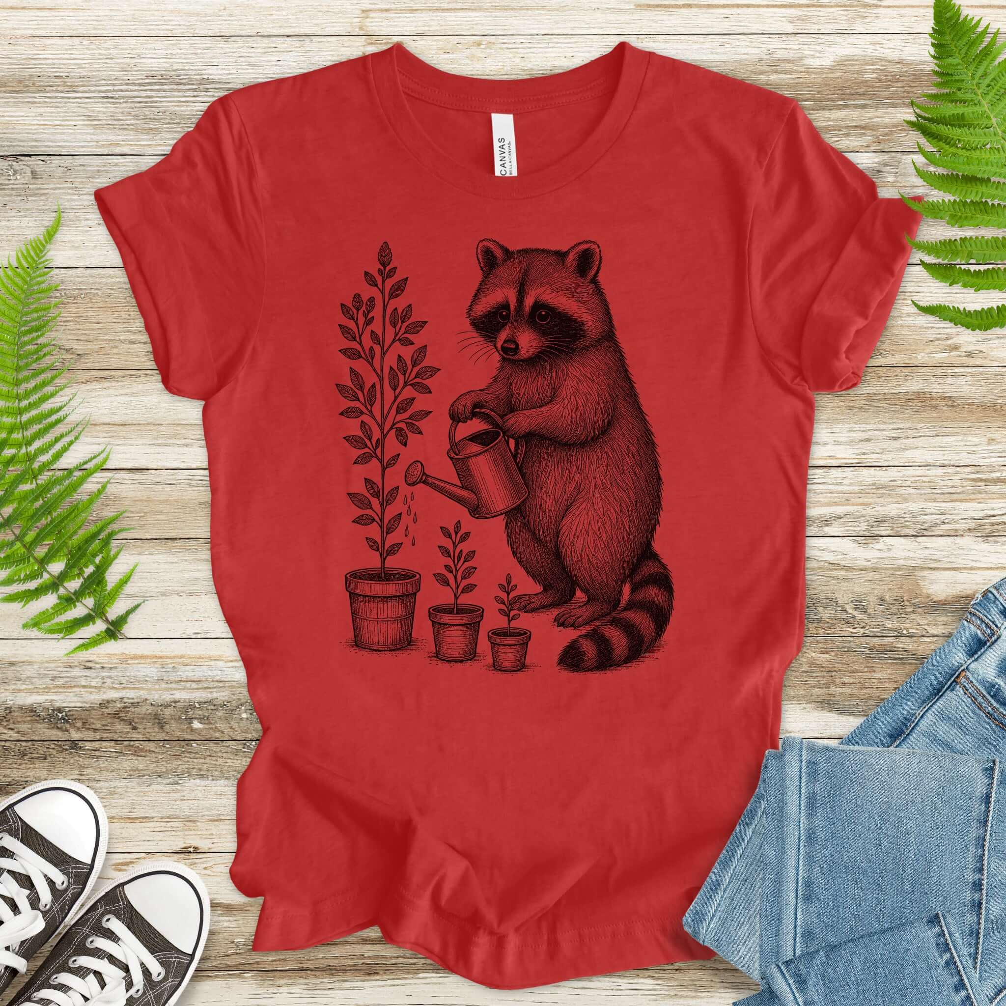 Raccoon Watering Plants Garden T-Shirt
