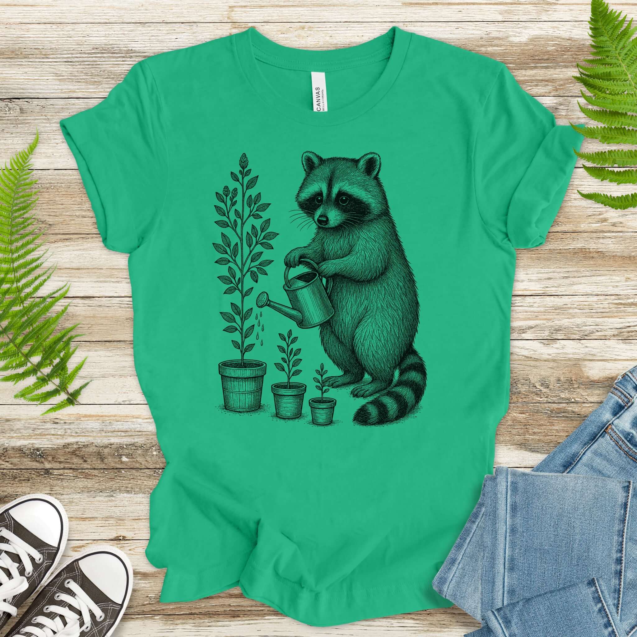 Raccoon Watering Plants Garden T-Shirt