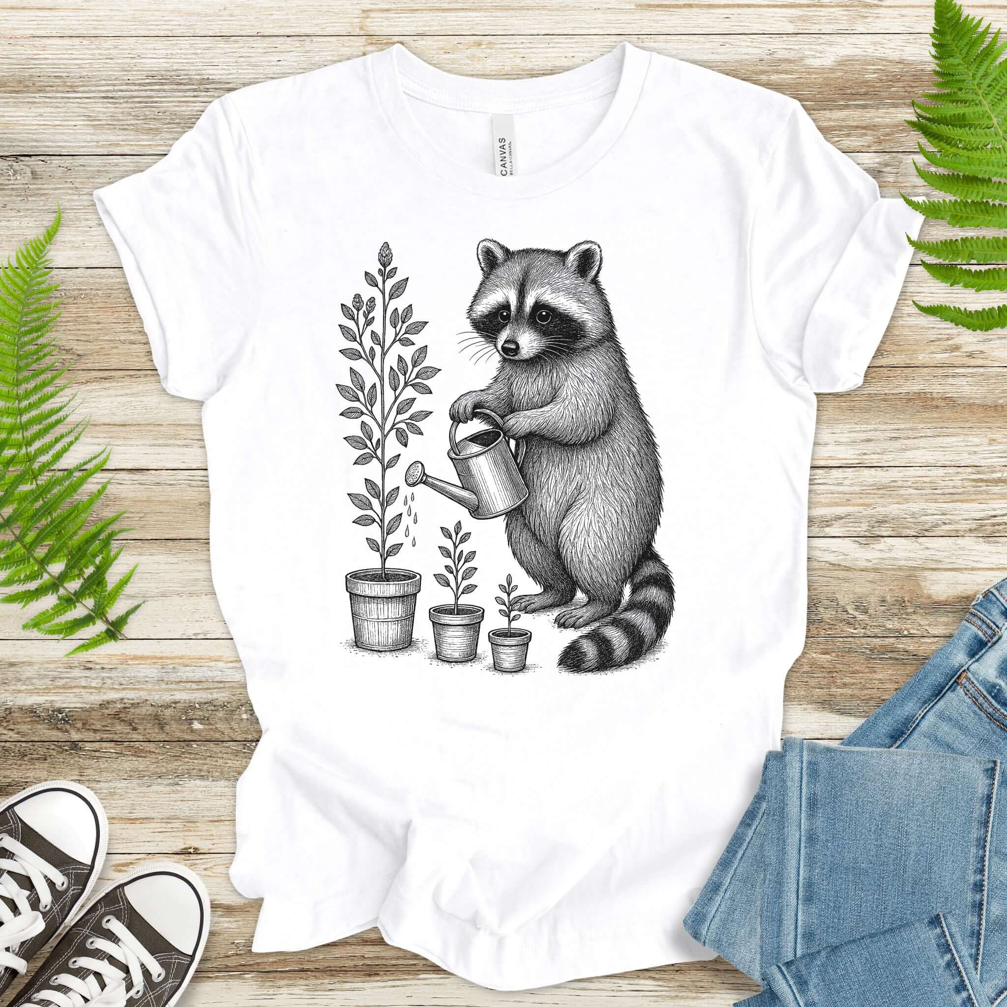 Raccoon Watering Plants Garden T-Shirt