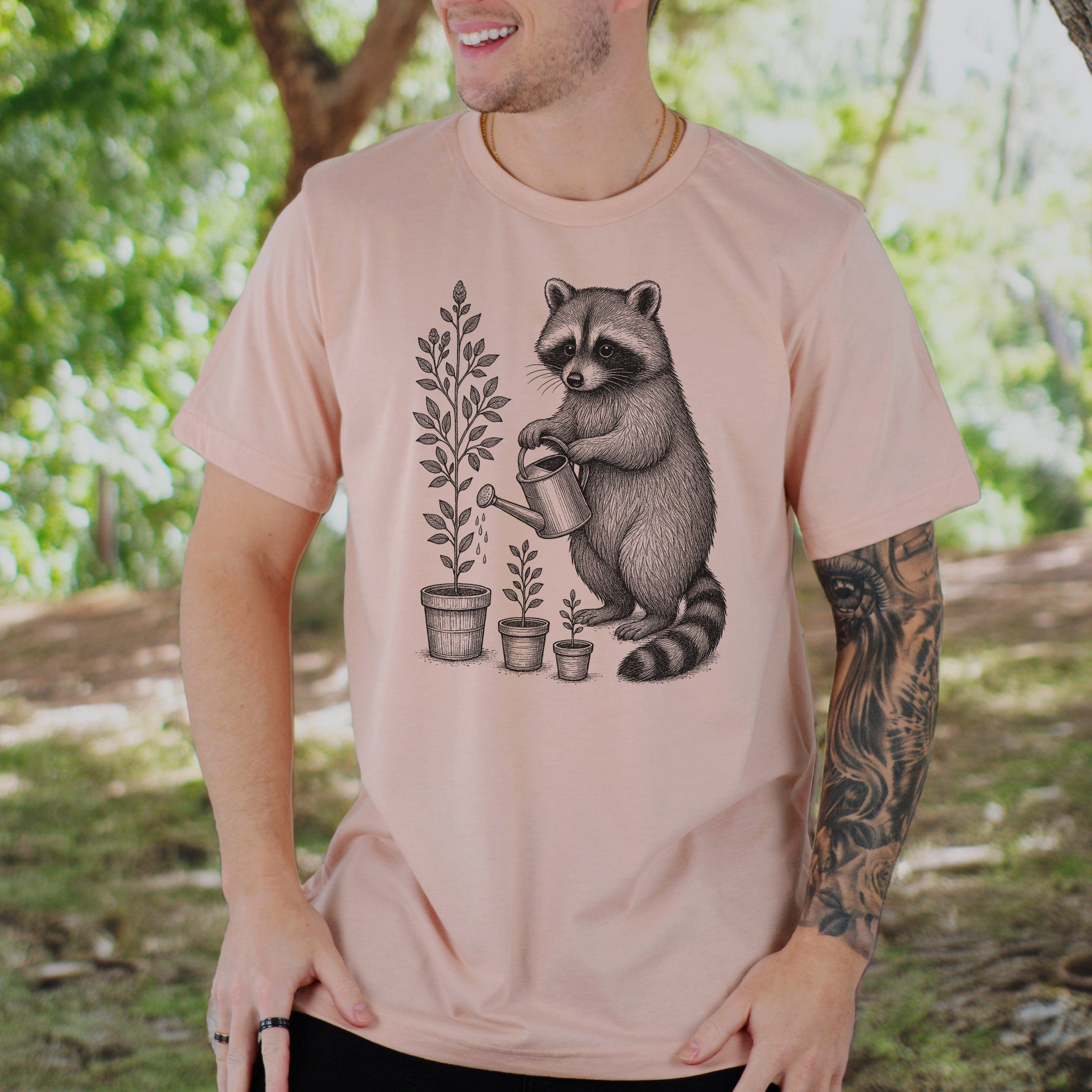 Raccoon Watering Plants Garden T-Shirt