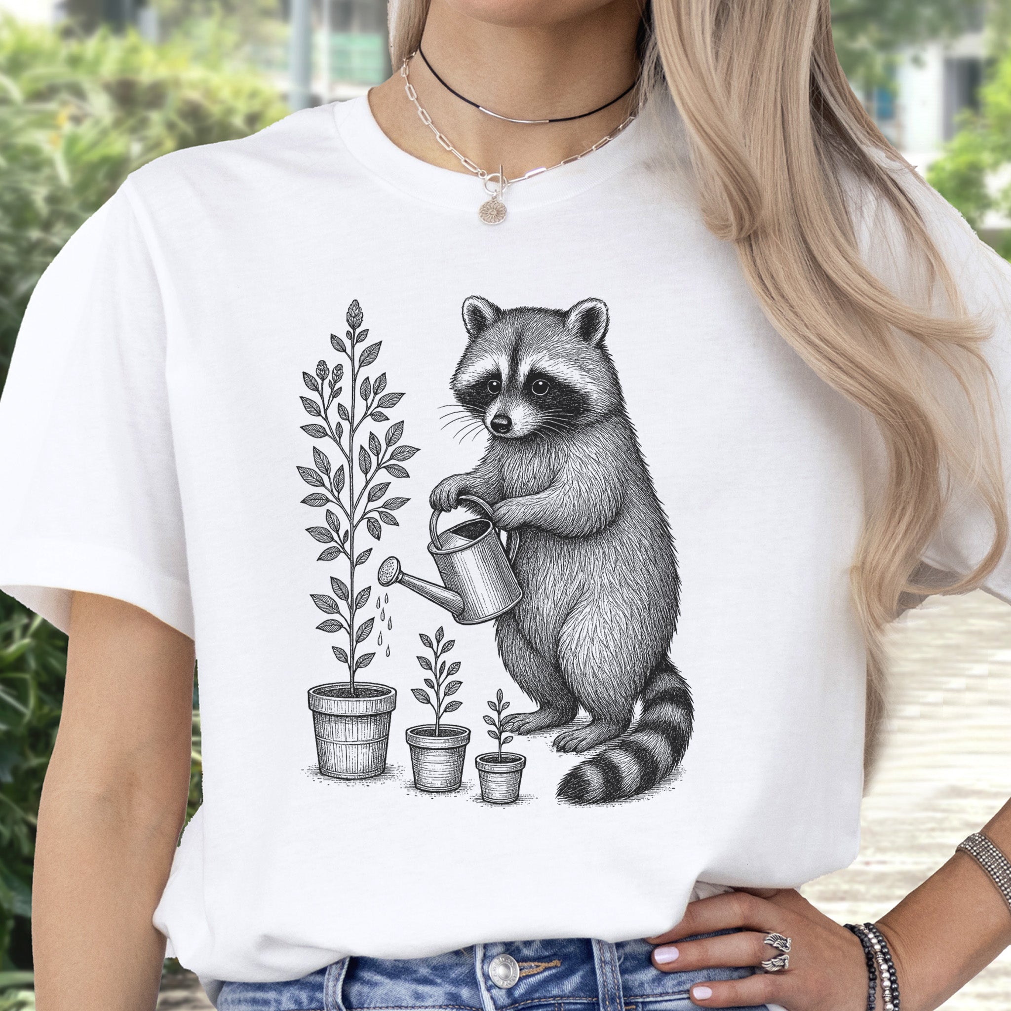 Raccoon Watering Plants Garden T-Shirt