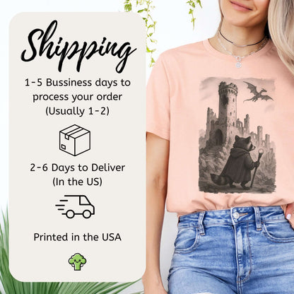 Raccoon Wizard and Dragon Castle T-Shirt – Fantasy Animal Adventure Tee