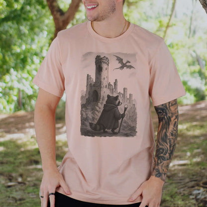 Raccoon Wizard and Dragon Castle T-Shirt – Fantasy Animal Adventure Tee