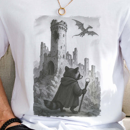Raccoon Wizard and Dragon Castle T-Shirt – Fantasy Animal Adventure Tee