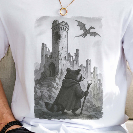Raccoon Wizard and Dragon Castle T-Shirt – Fantasy Animal Adventure Tee