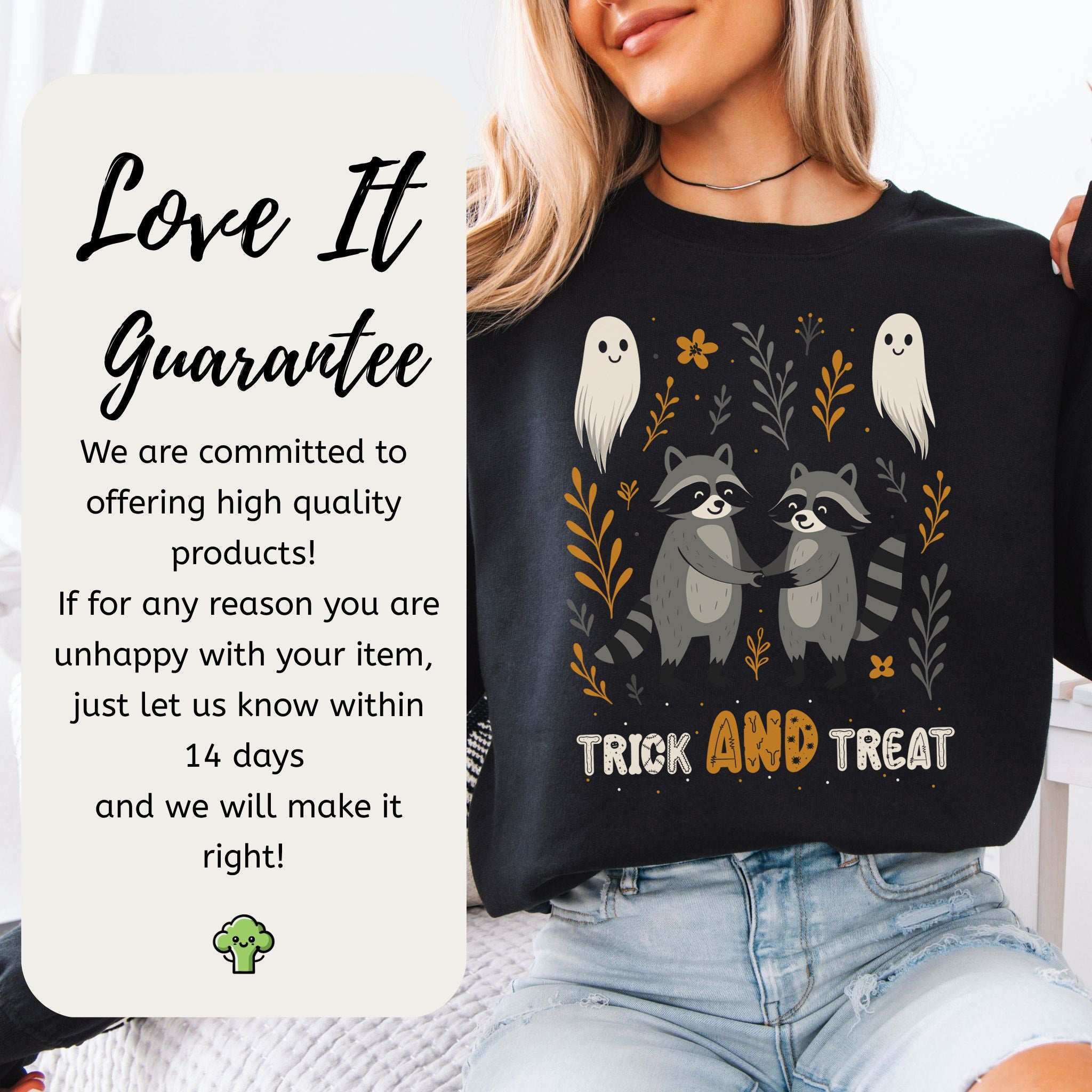 Trick AND Treat Raccoon Halloween Sweatshirt – Cute Ghostly Forest Vibes