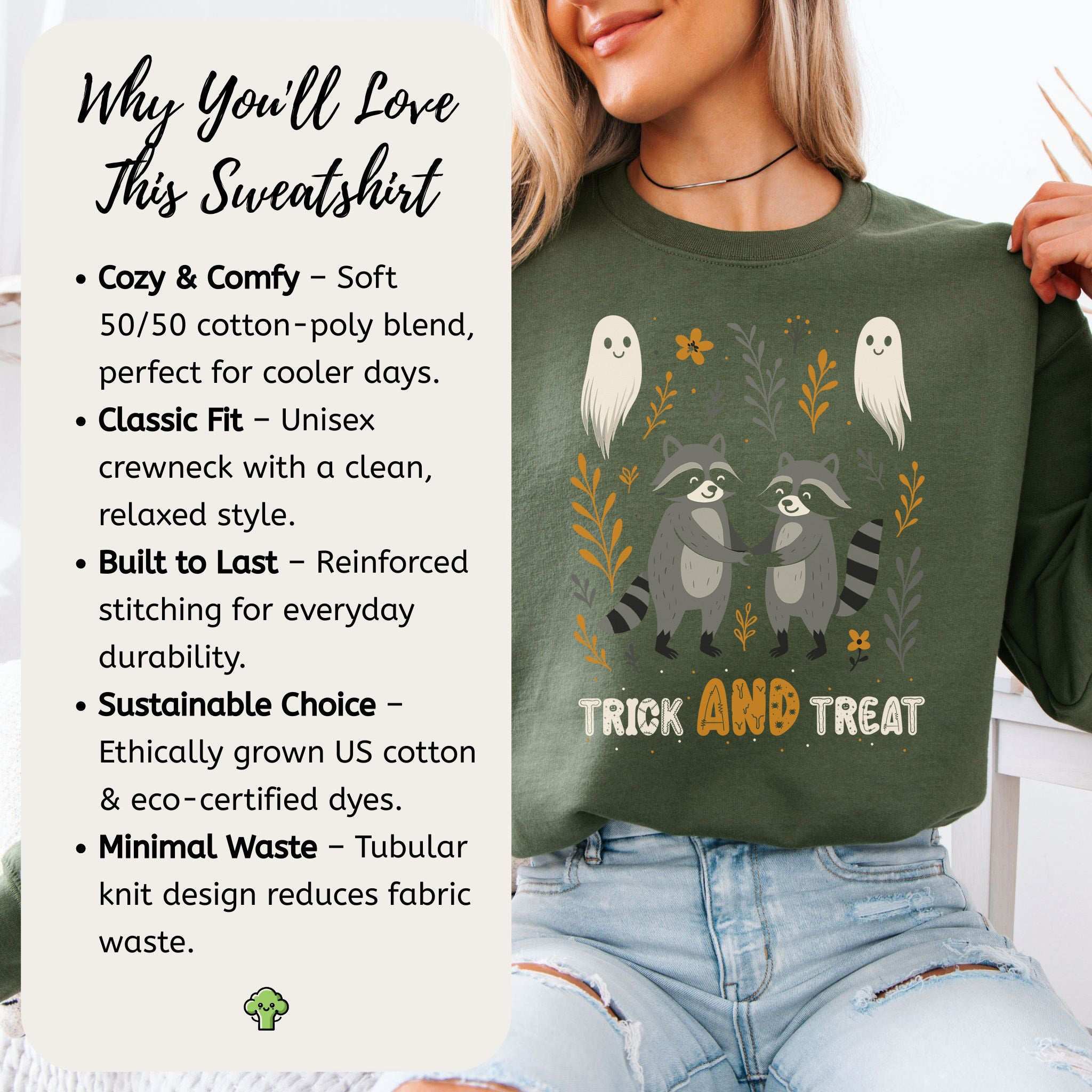 Trick AND Treat Raccoon Halloween Sweatshirt – Cute Ghostly Forest Vibes