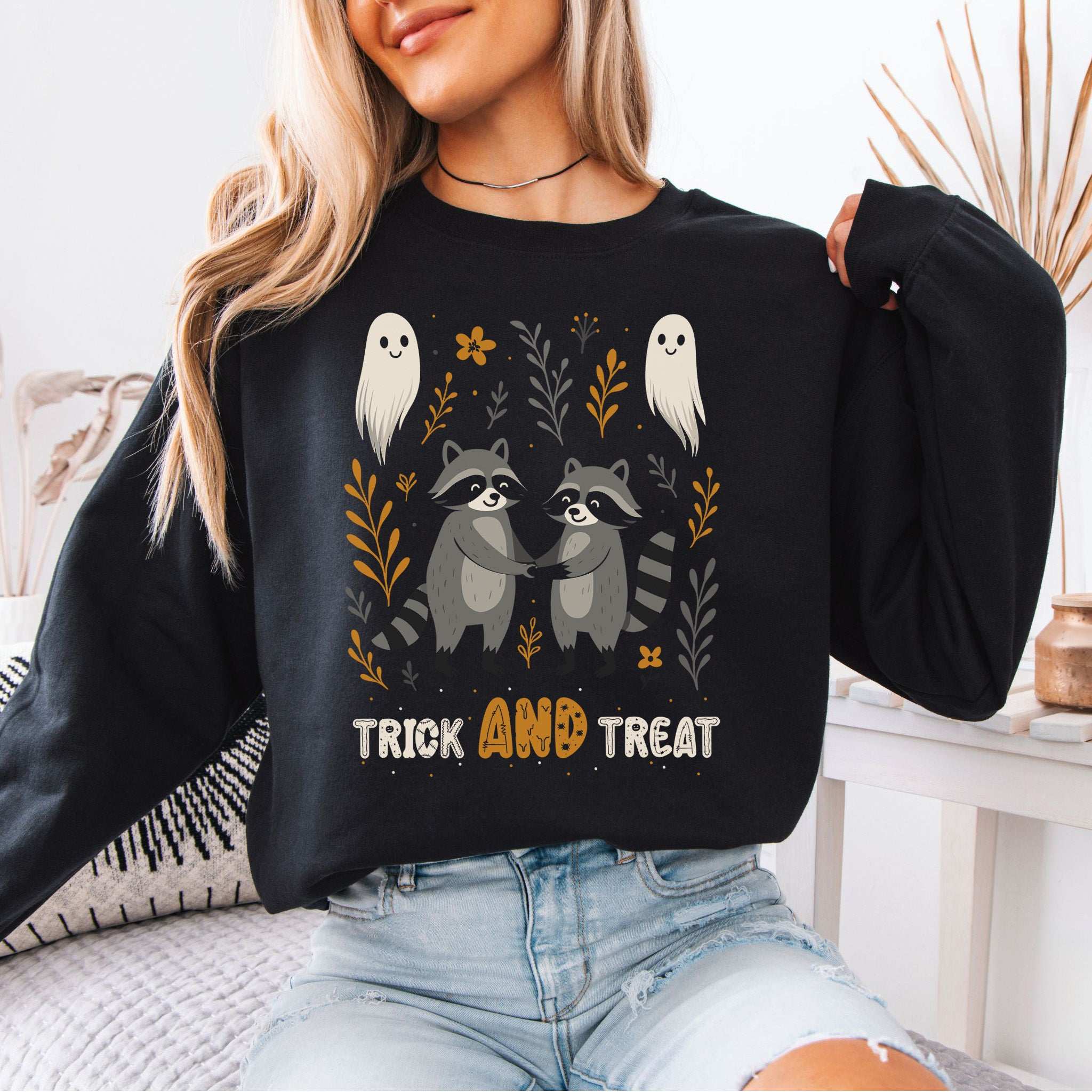 Trick AND Treat Raccoon Halloween Sweatshirt – Cute Ghostly Forest Vibes