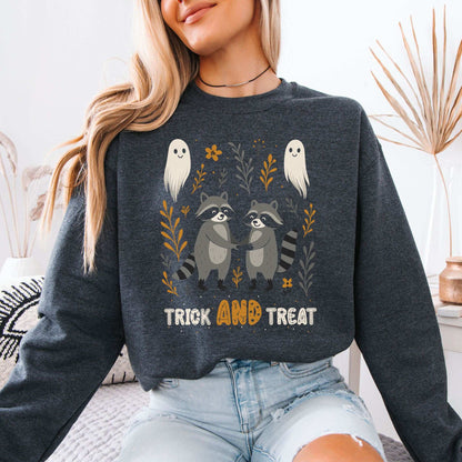 Trick AND Treat Raccoon Halloween Sweatshirt – Cute Ghostly Forest Vibes