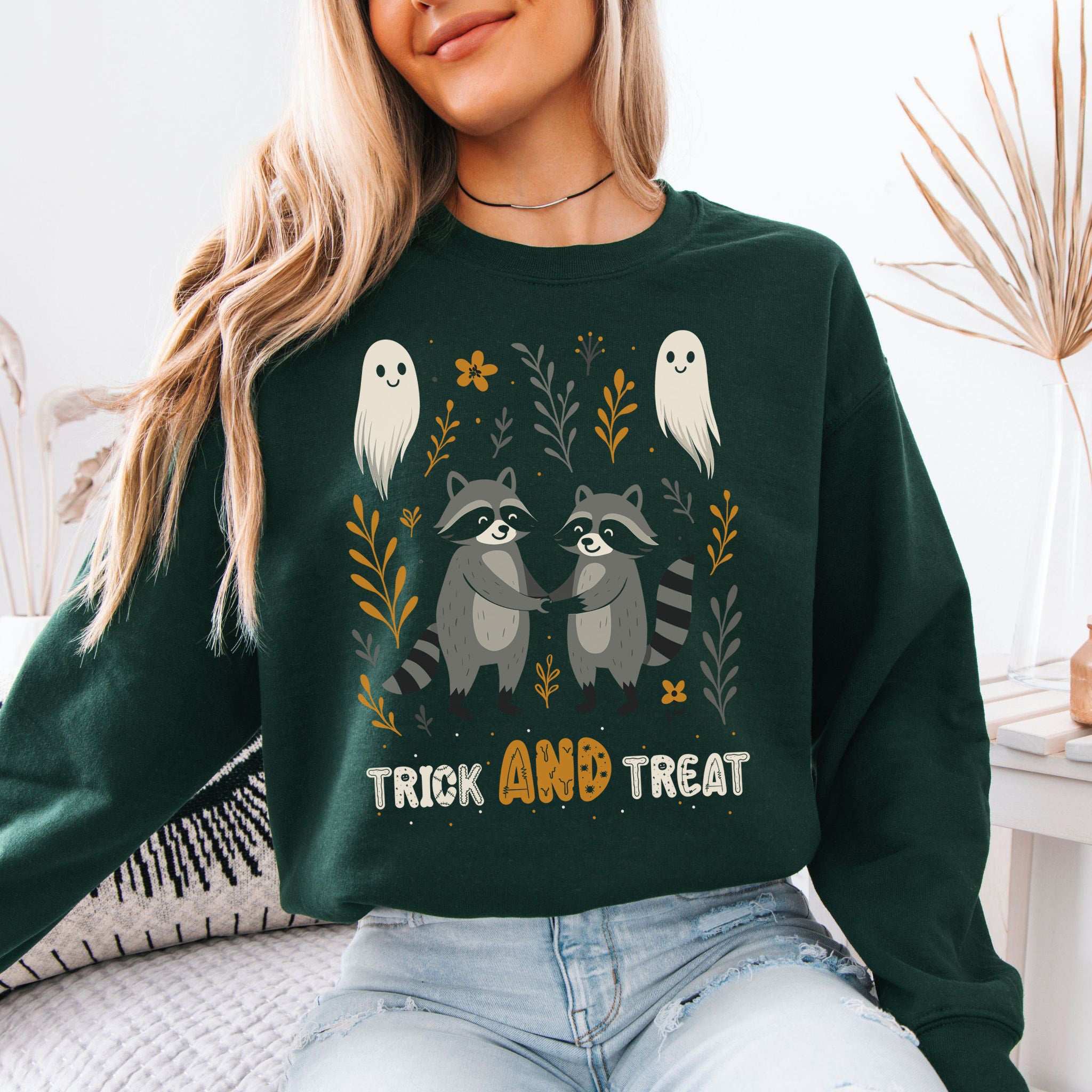 Trick AND Treat Raccoon Halloween Sweatshirt – Cute Ghostly Forest Vibes