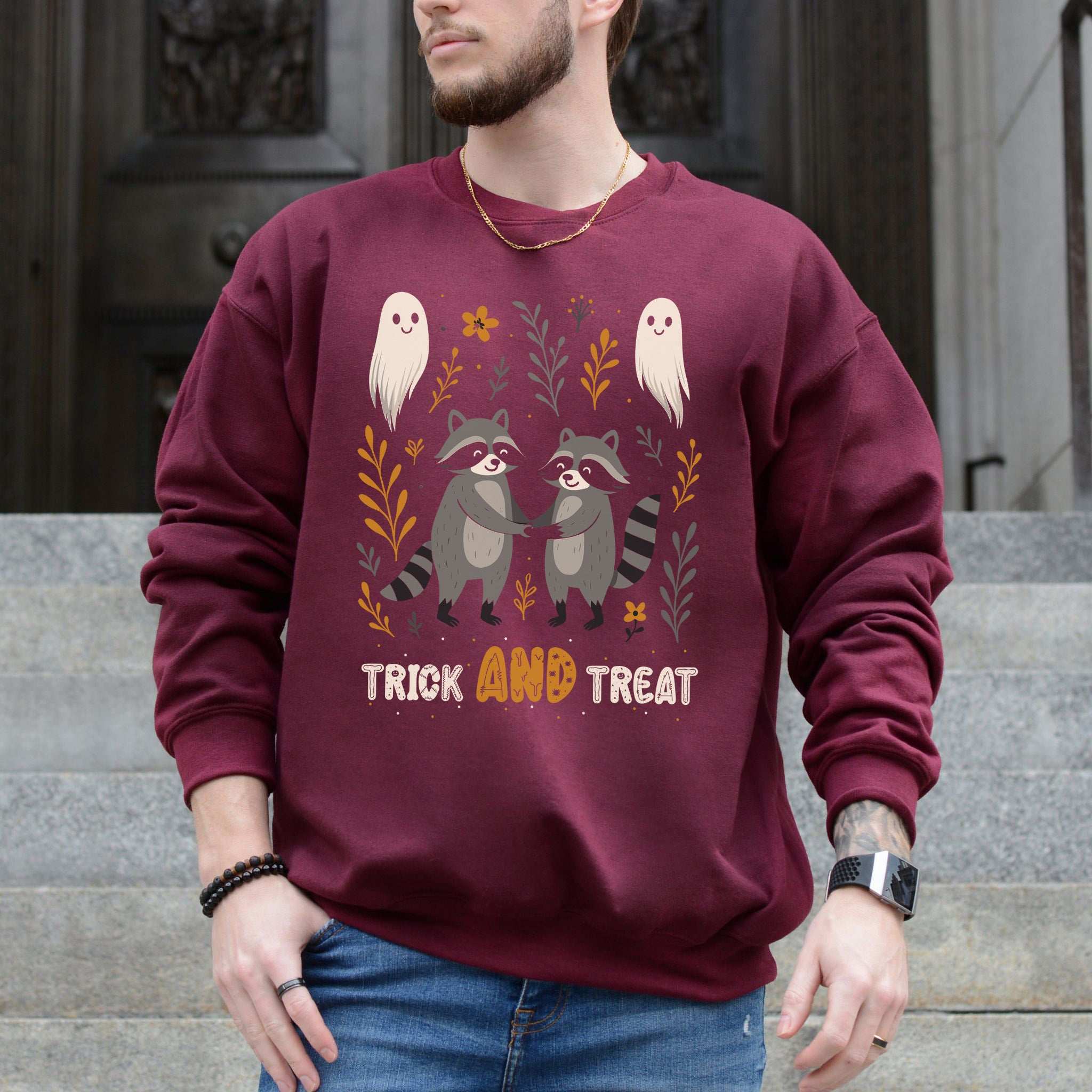 Trick AND Treat Raccoon Halloween Sweatshirt – Cute Ghostly Forest Vibes