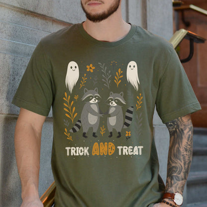 Trick AND Treat Raccoon Halloween T-shirt featuring cute raccoons and friendly ghosts.