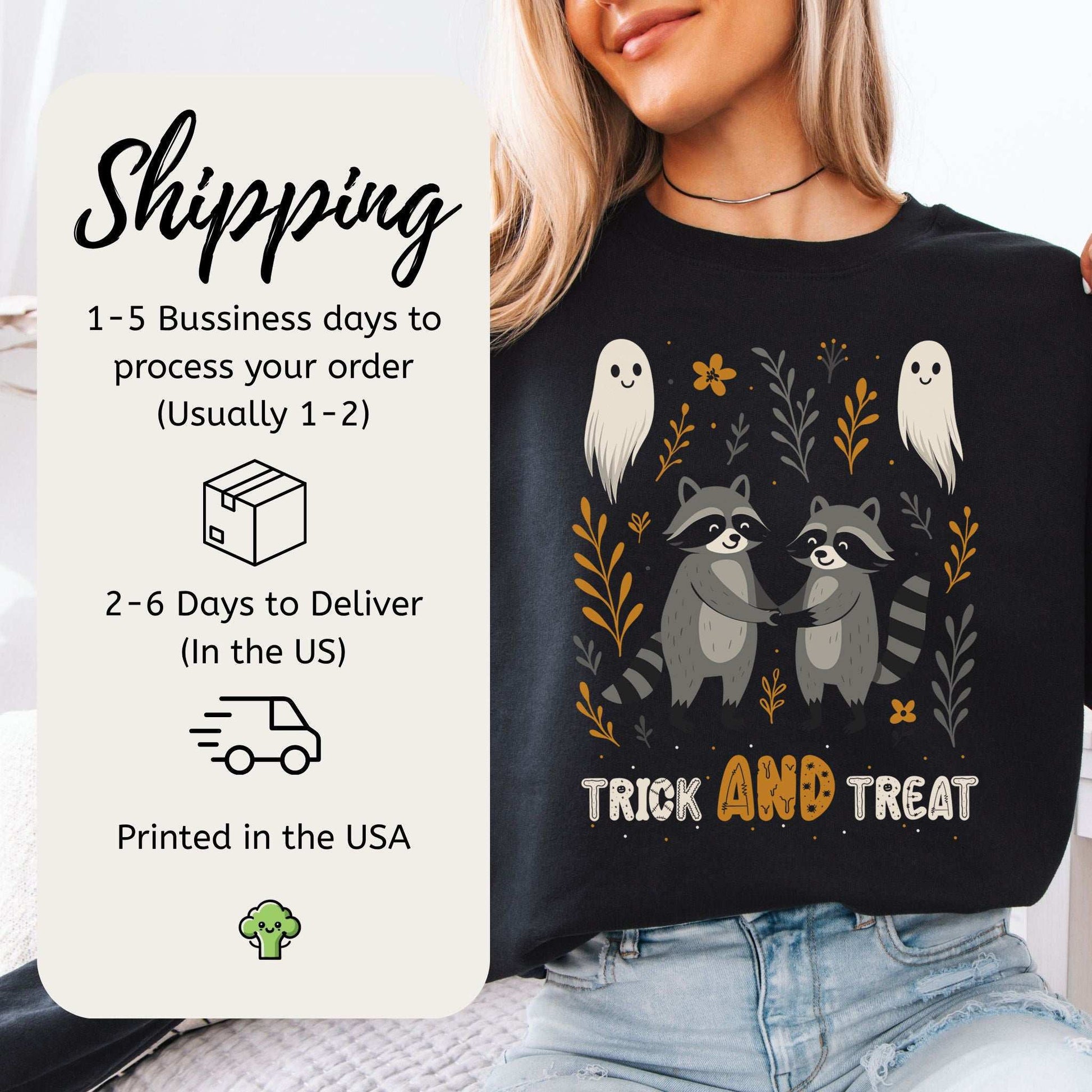 Trick AND Treat Raccoon Halloween Sweatshirt – Cute Ghostly Forest Vibes