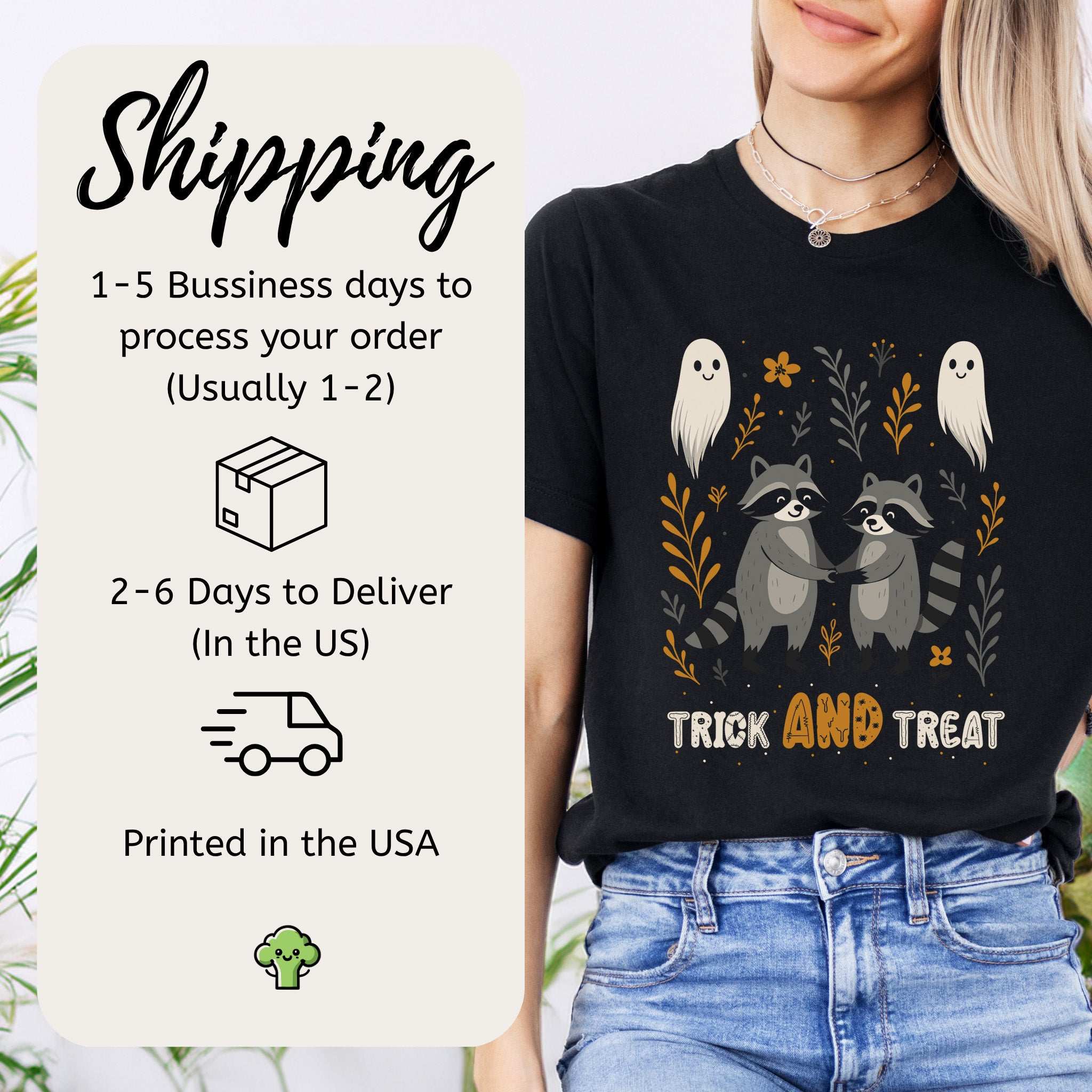 Trick AND Treat Raccoon Halloween T-shirt featuring raccoons and ghosts, perfect for Halloween fun.