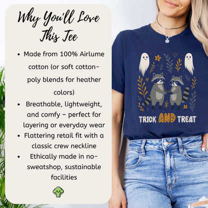 Trick AND Treat Raccoon Halloween T-shirt featuring friendly raccoons and ghosts, perfect for festive fall wear.