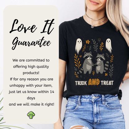 Trick AND Treat Raccoon Halloween T-Shirt featuring cute raccoons and ghosts in a forest design.
