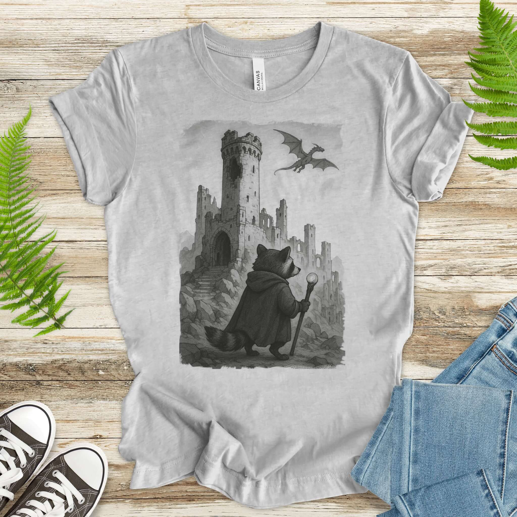 Raccoon Wizard and Dragon Castle T-Shirt – Fantasy Animal Adventure Tee
