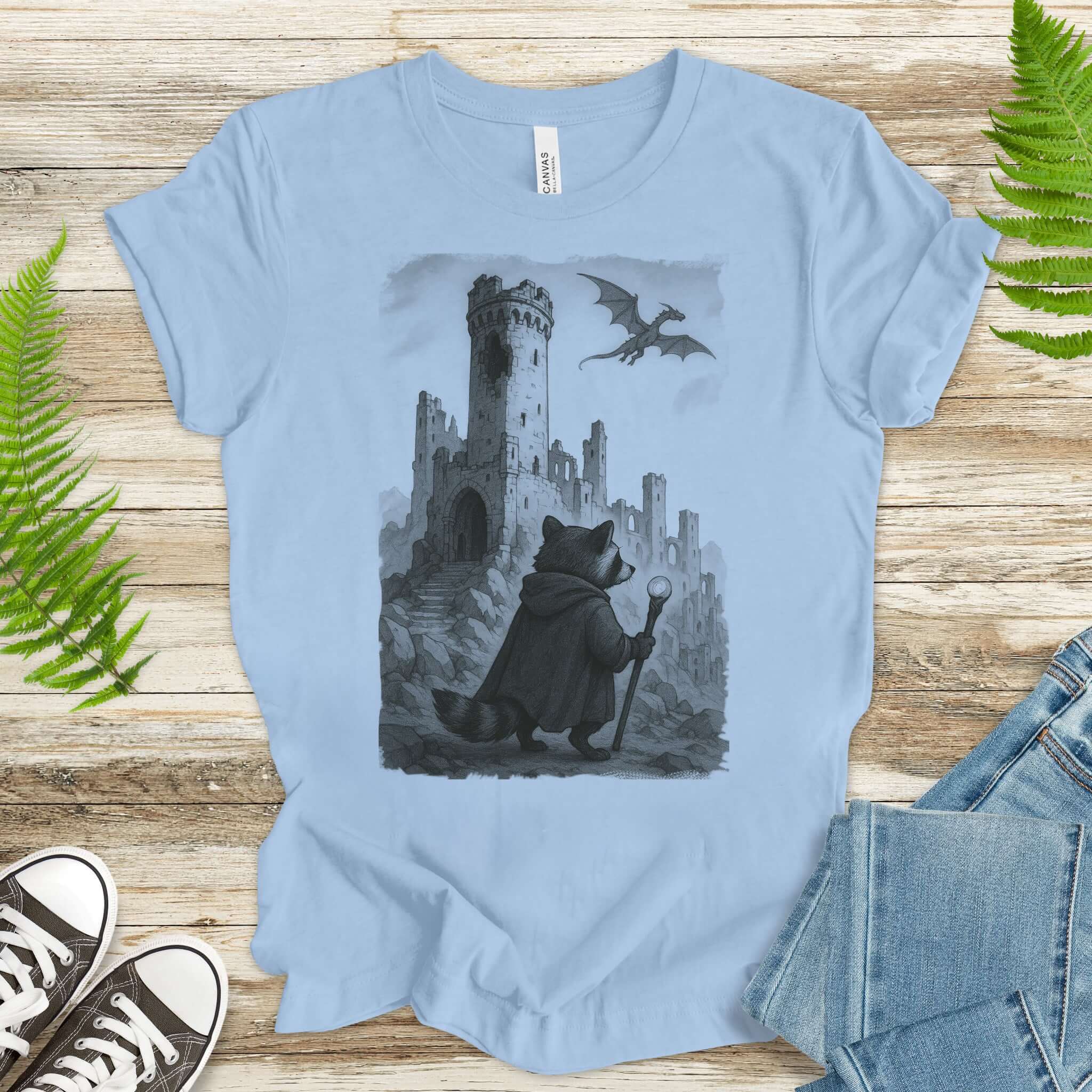 Raccoon Wizard and Dragon Castle T-Shirt – Fantasy Animal Adventure Tee