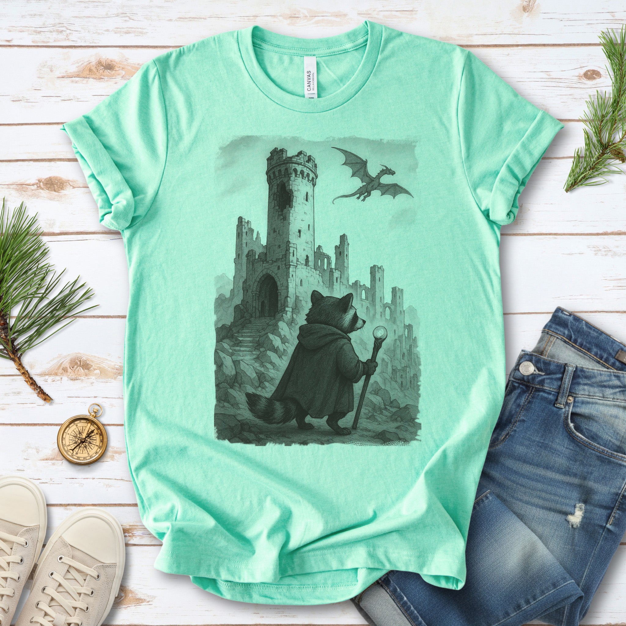 Raccoon Wizard and Dragon Castle T-Shirt – Fantasy Animal Adventure Tee