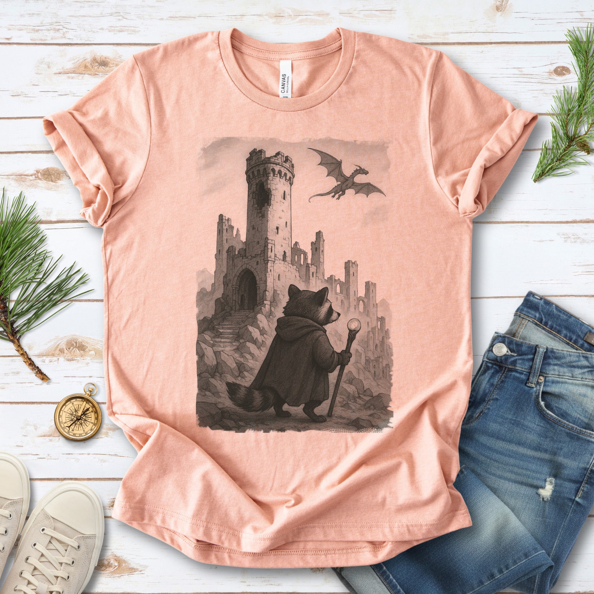 Raccoon Wizard and Dragon Castle T-Shirt – Fantasy Animal Adventure Tee