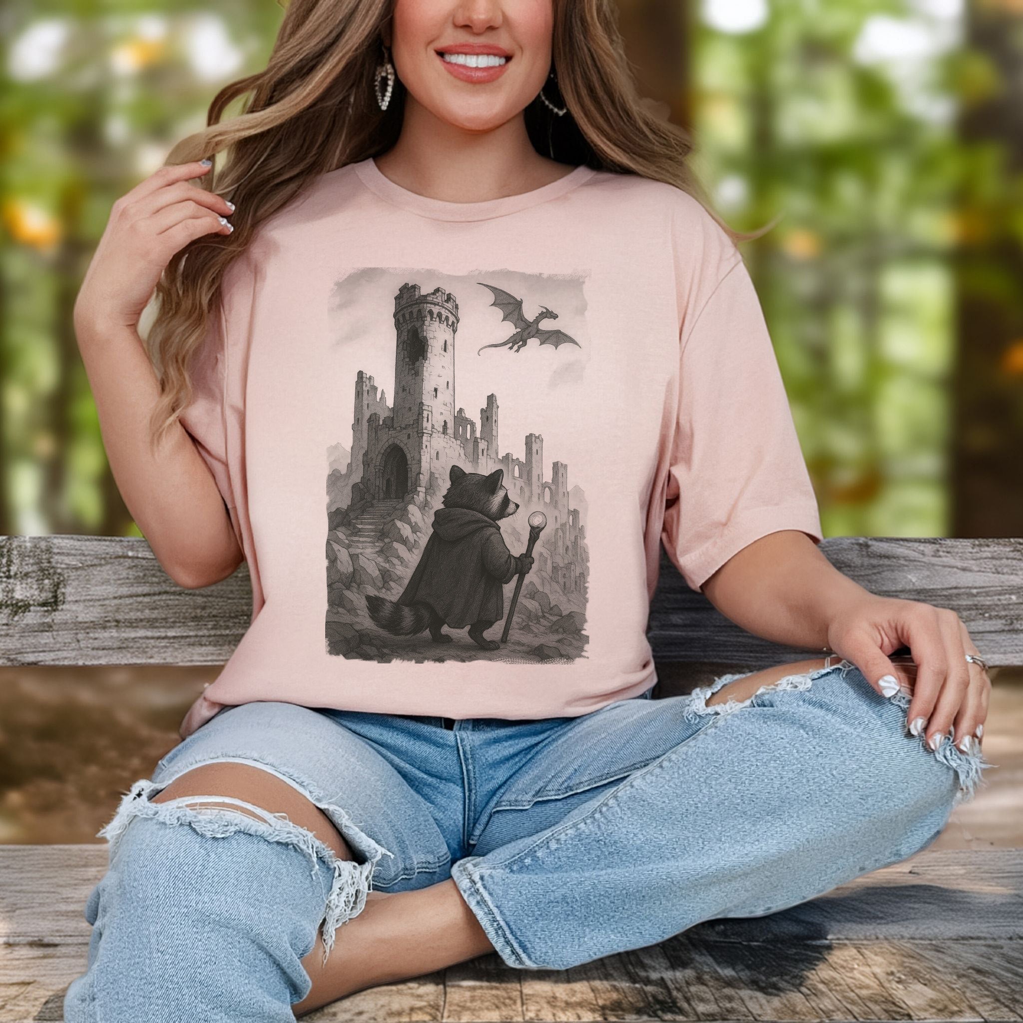 Raccoon Wizard and Dragon Castle T-Shirt – Fantasy Animal Adventure Tee