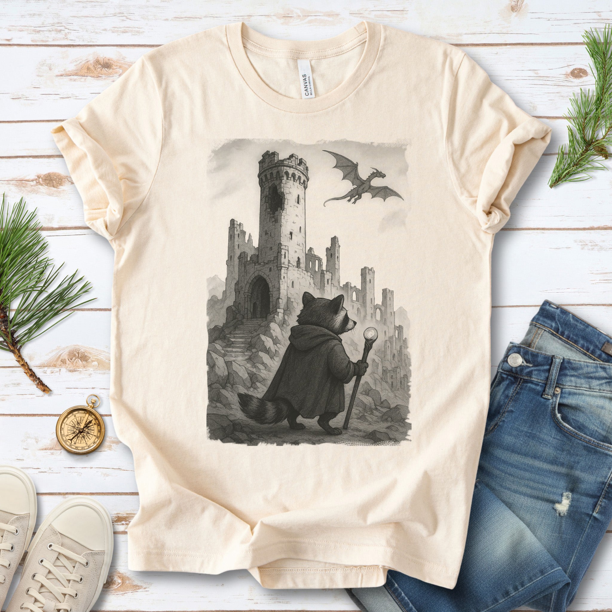 Raccoon Wizard and Dragon Castle T-Shirt – Fantasy Animal Adventure Tee