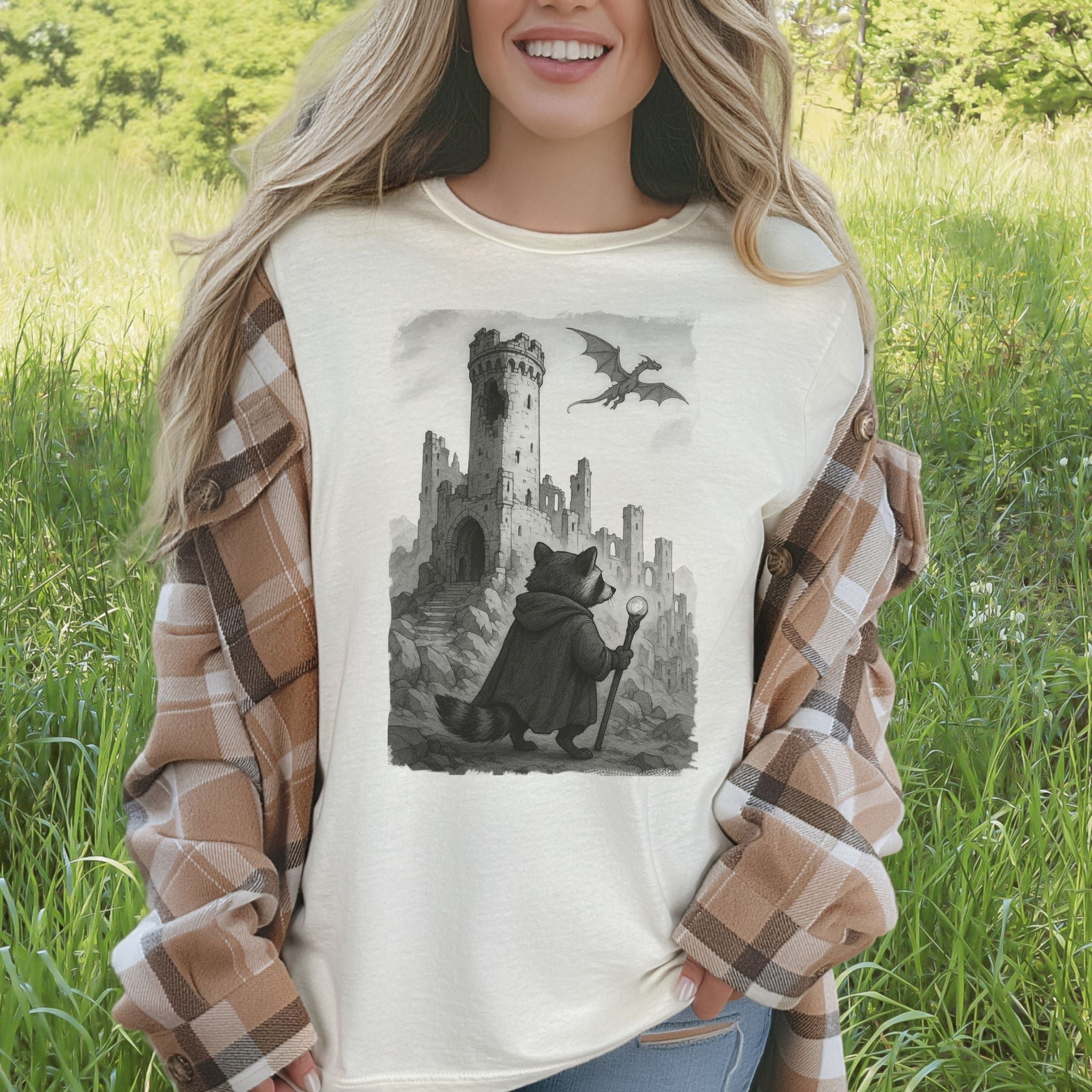Raccoon Wizard and Dragon Castle T-Shirt – Fantasy Animal Adventure Tee