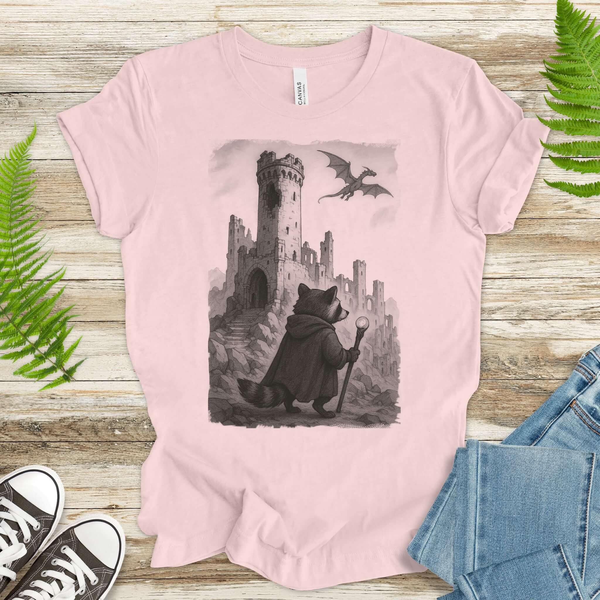 Raccoon Wizard and Dragon Castle T-Shirt – Fantasy Animal Adventure Tee