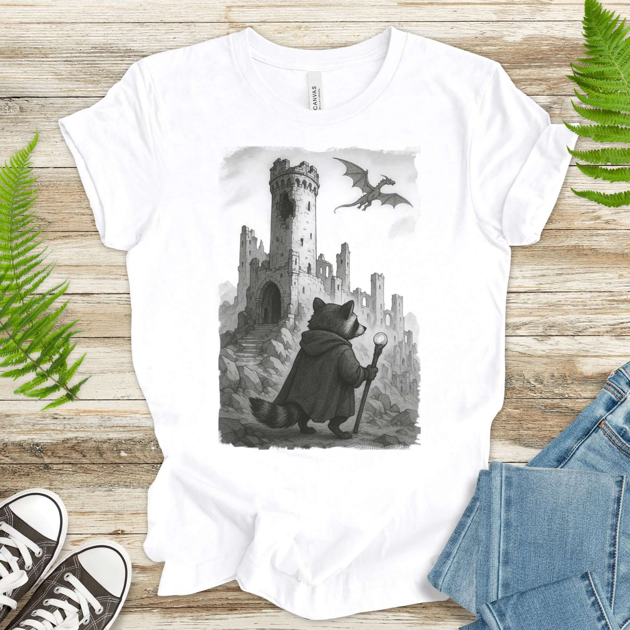 Raccoon Wizard and Dragon Castle T-Shirt – Fantasy Animal Adventure Tee
