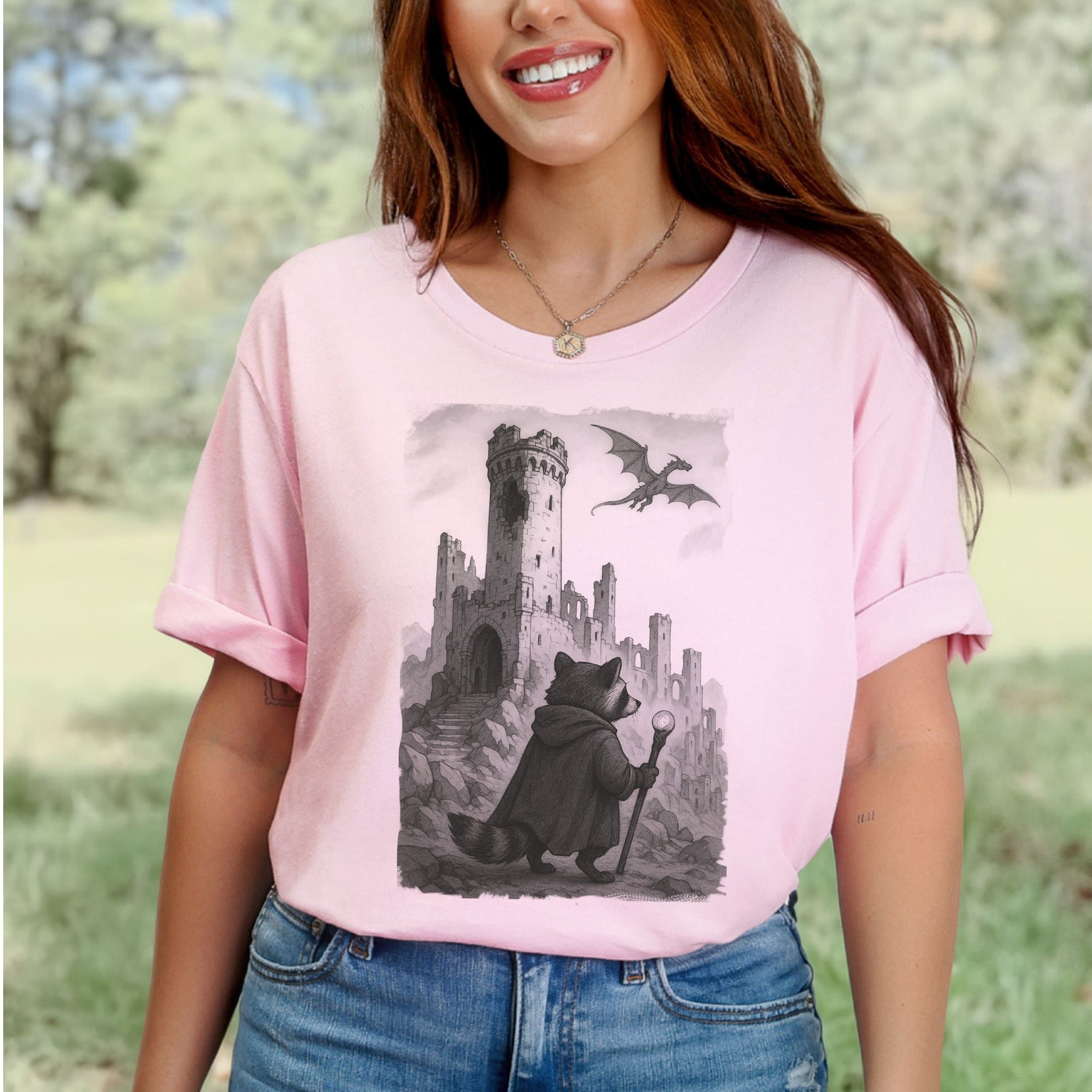Raccoon Wizard and Dragon Castle T-Shirt – Fantasy Animal Adventure Tee