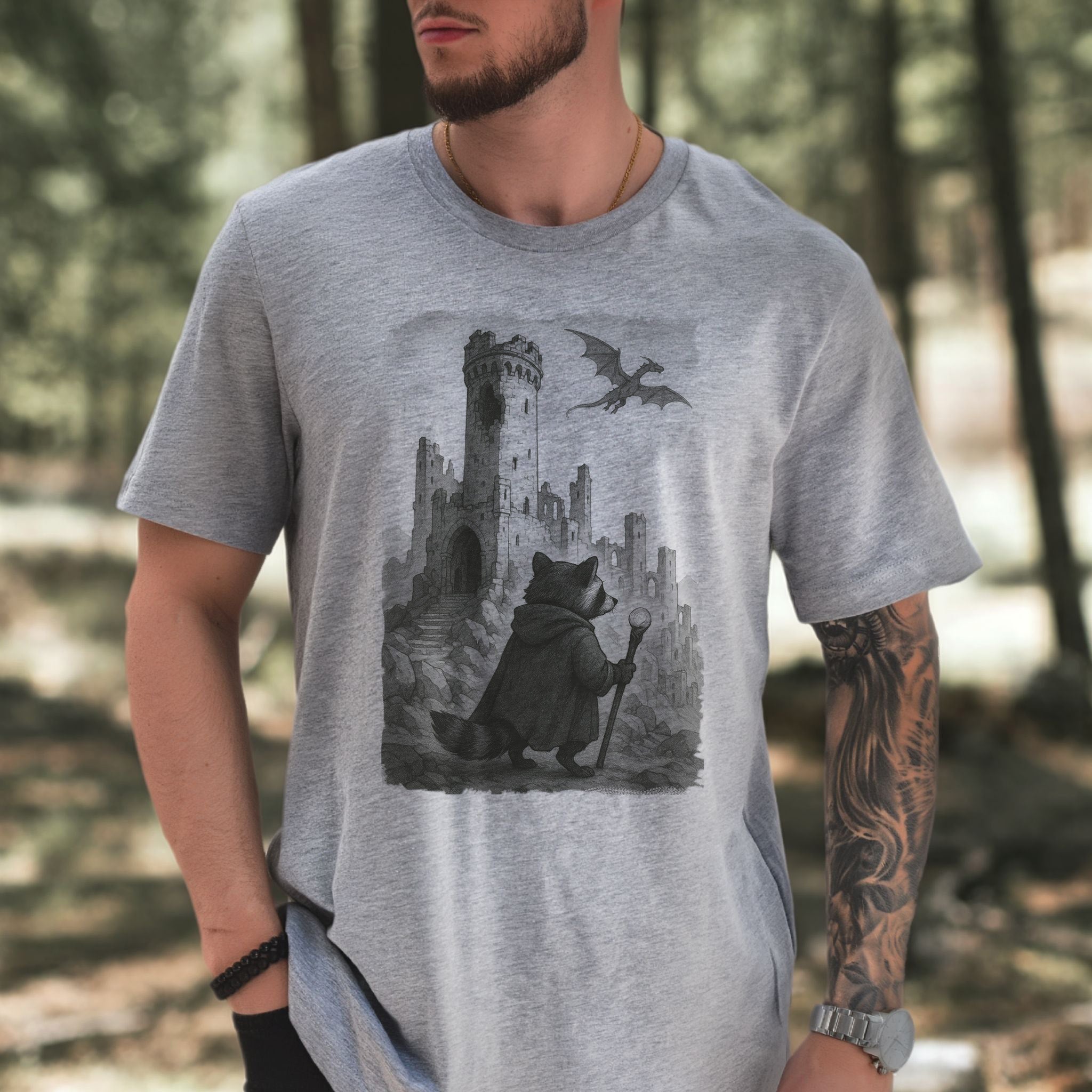 Raccoon Wizard and Dragon Castle T-Shirt – Fantasy Animal Adventure Tee