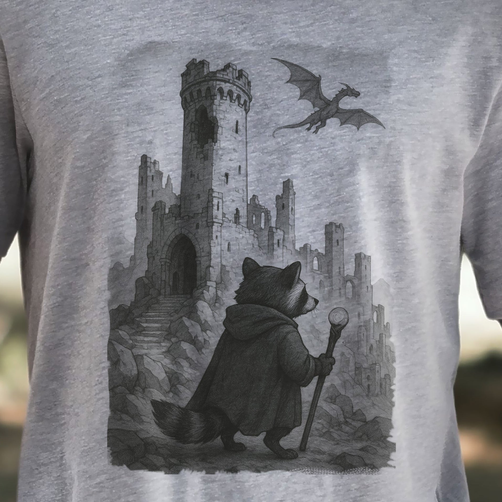 Raccoon Wizard and Dragon Castle T-Shirt – Fantasy Animal Adventure Tee