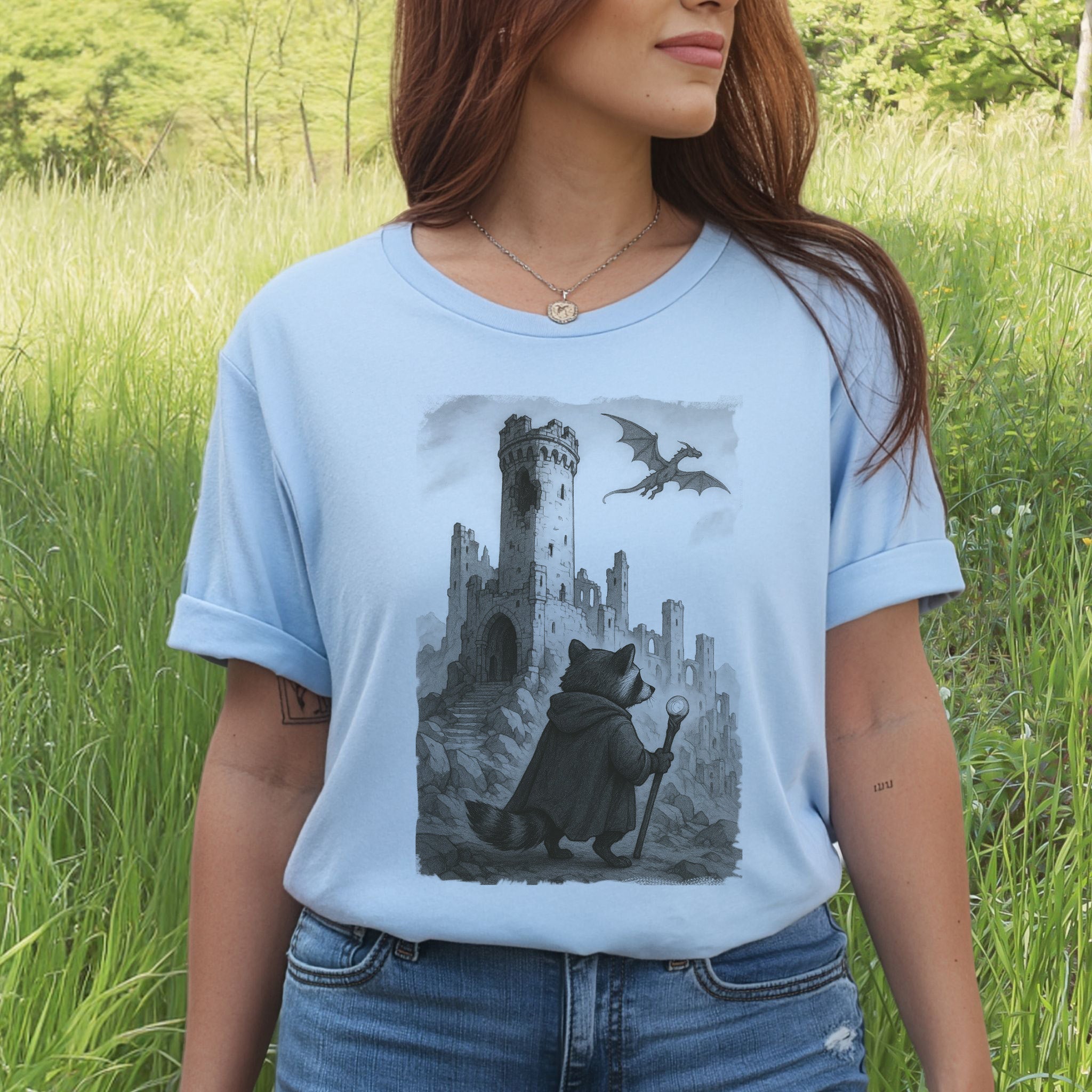 Raccoon Wizard and Dragon Castle T-Shirt – Fantasy Animal Adventure Tee