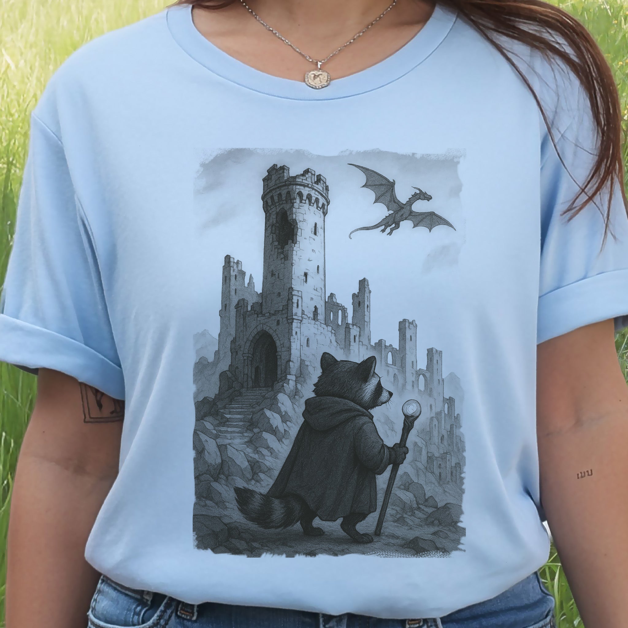 Raccoon Wizard and Dragon Castle T-Shirt – Fantasy Animal Adventure Tee