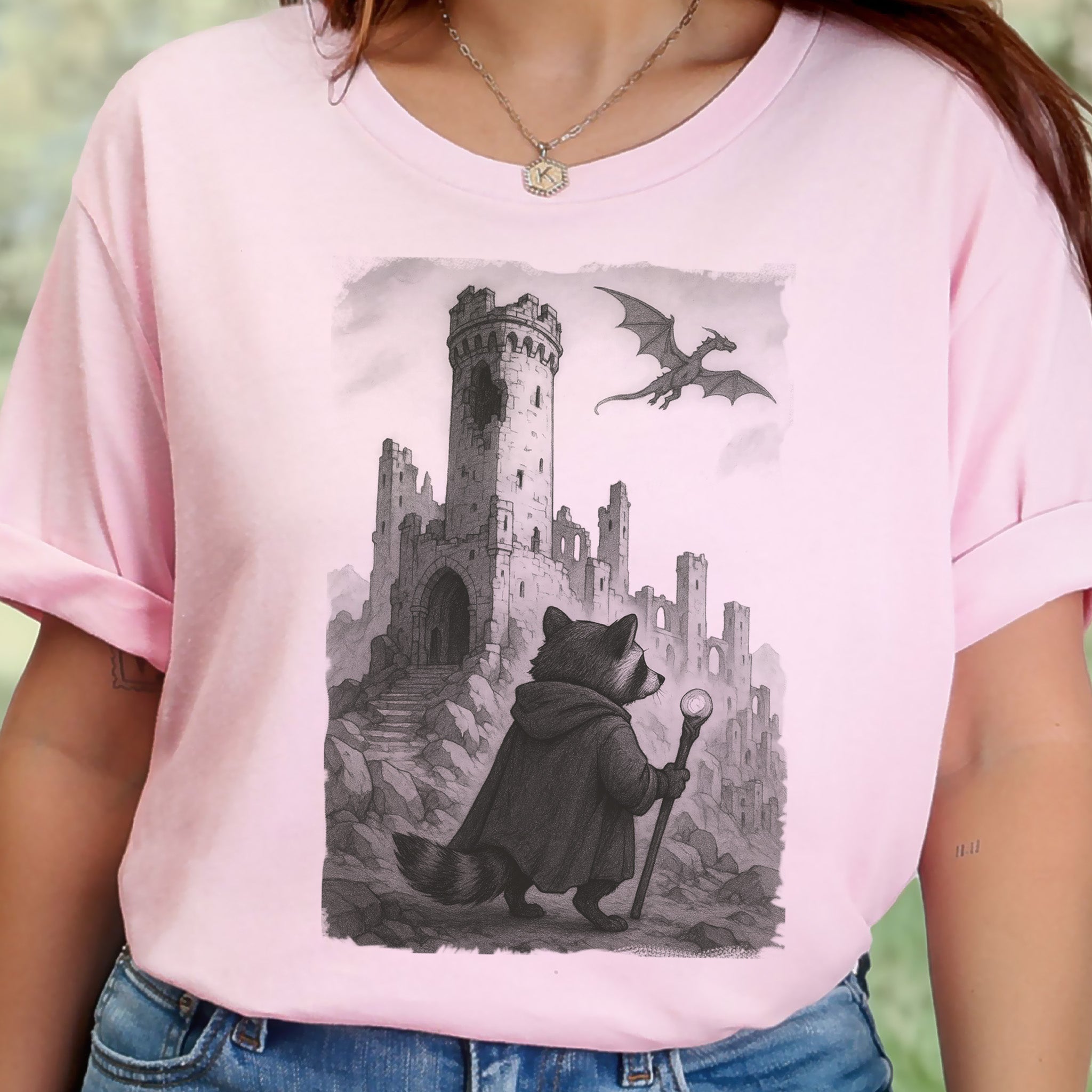 Raccoon Wizard and Dragon Castle T-Shirt – Fantasy Animal Adventure Tee