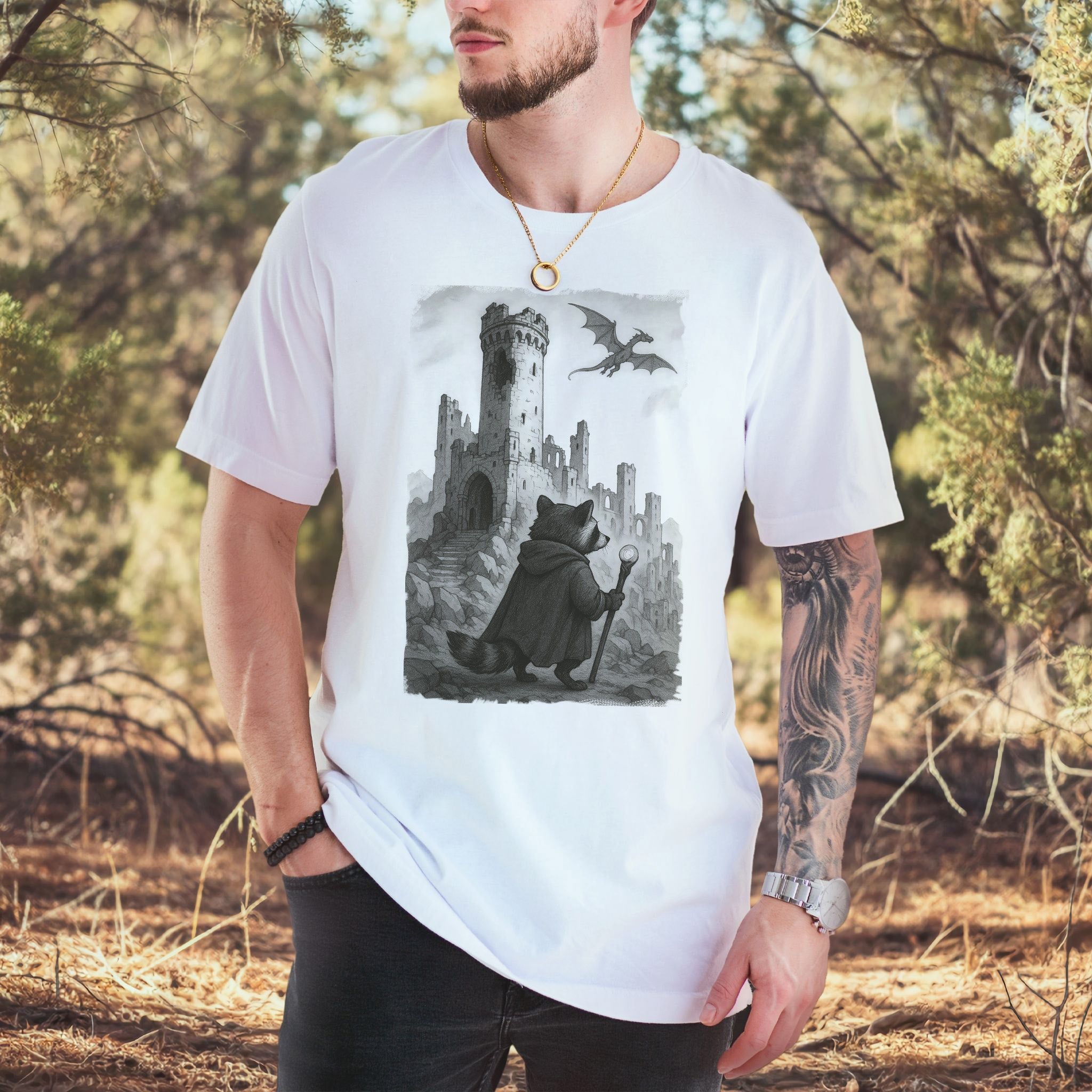 Raccoon Wizard and Dragon Castle T-Shirt – Fantasy Animal Adventure Tee