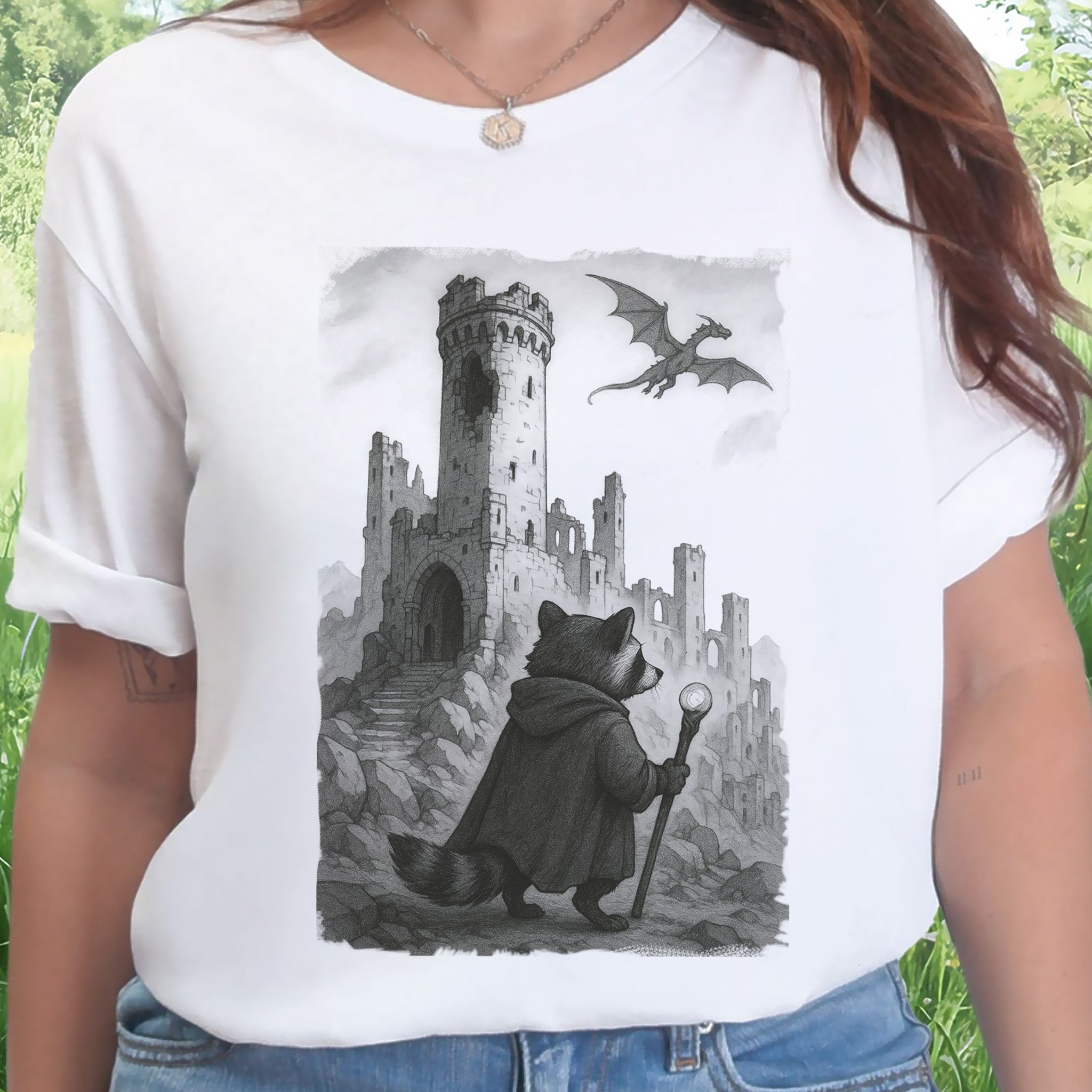 Raccoon Wizard and Dragon Castle T-Shirt – Fantasy Animal Adventure Tee