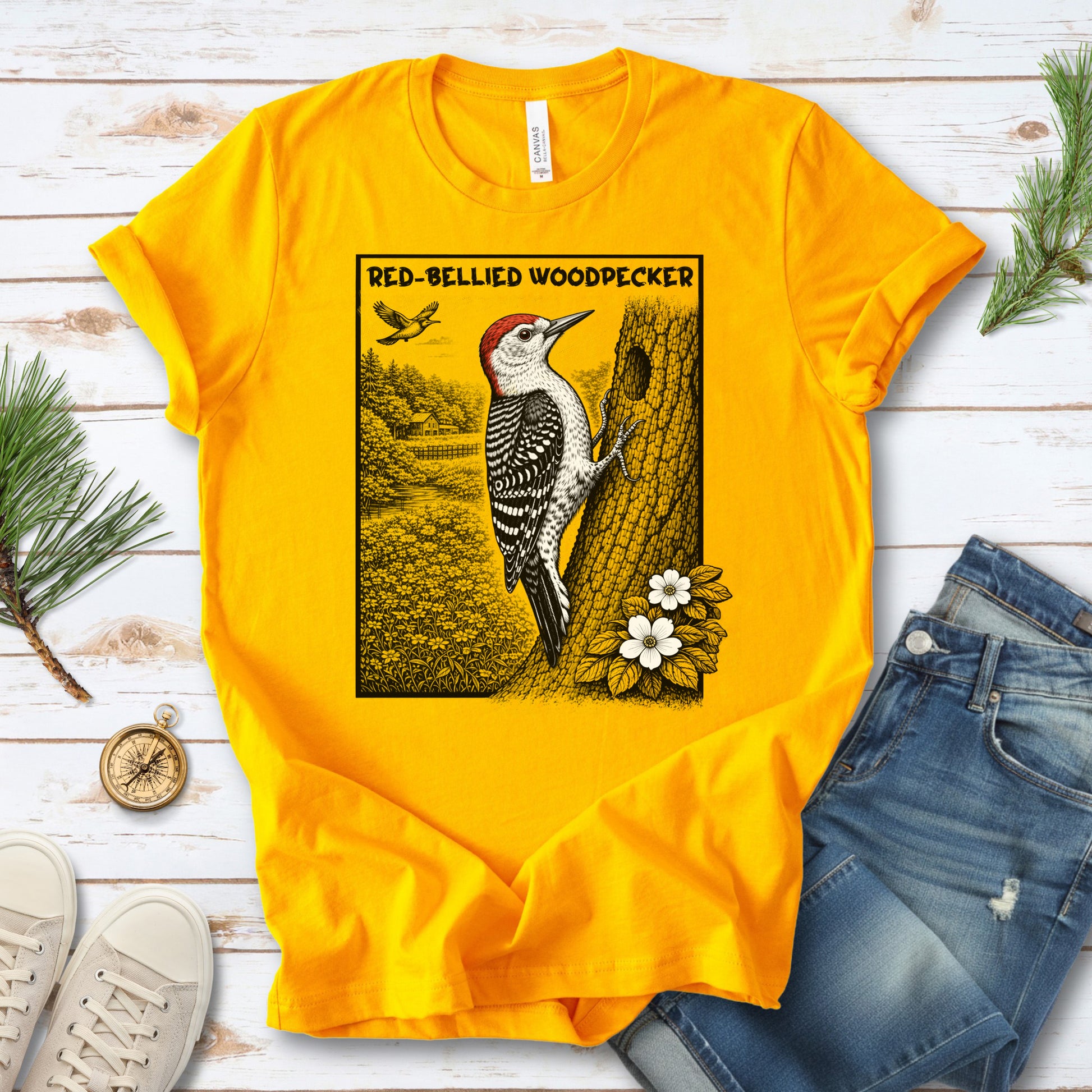 Red-Bellied Woodpecker T-Shirt – Retro Forest Birdwatching Vibes