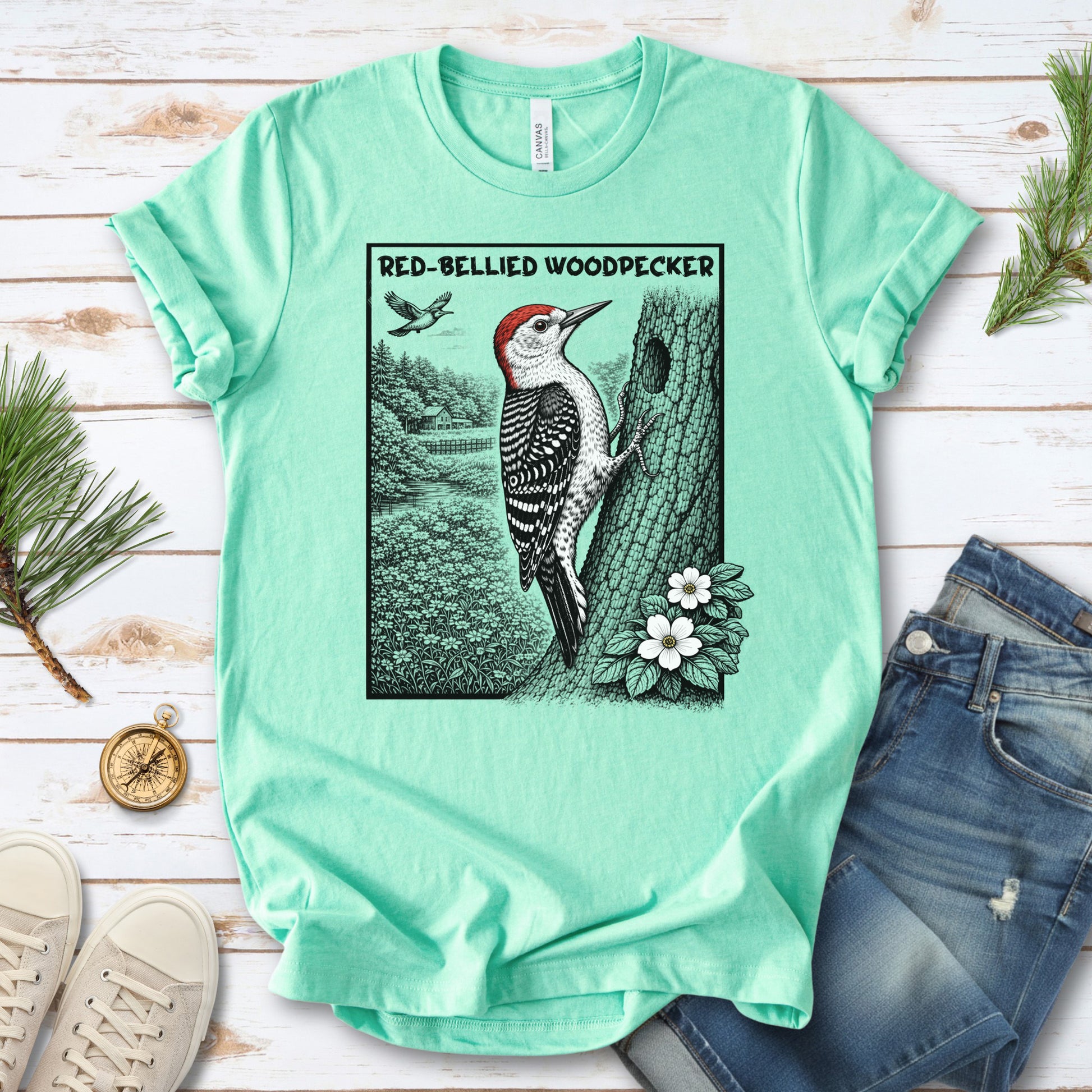 Red-Bellied Woodpecker T-Shirt – Retro Forest Birdwatching Vibes