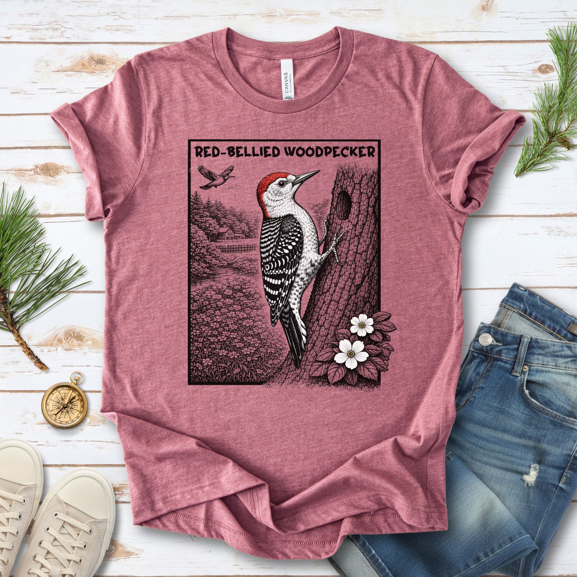 Red-Bellied Woodpecker T-Shirt – Retro Forest Birdwatching Vibes