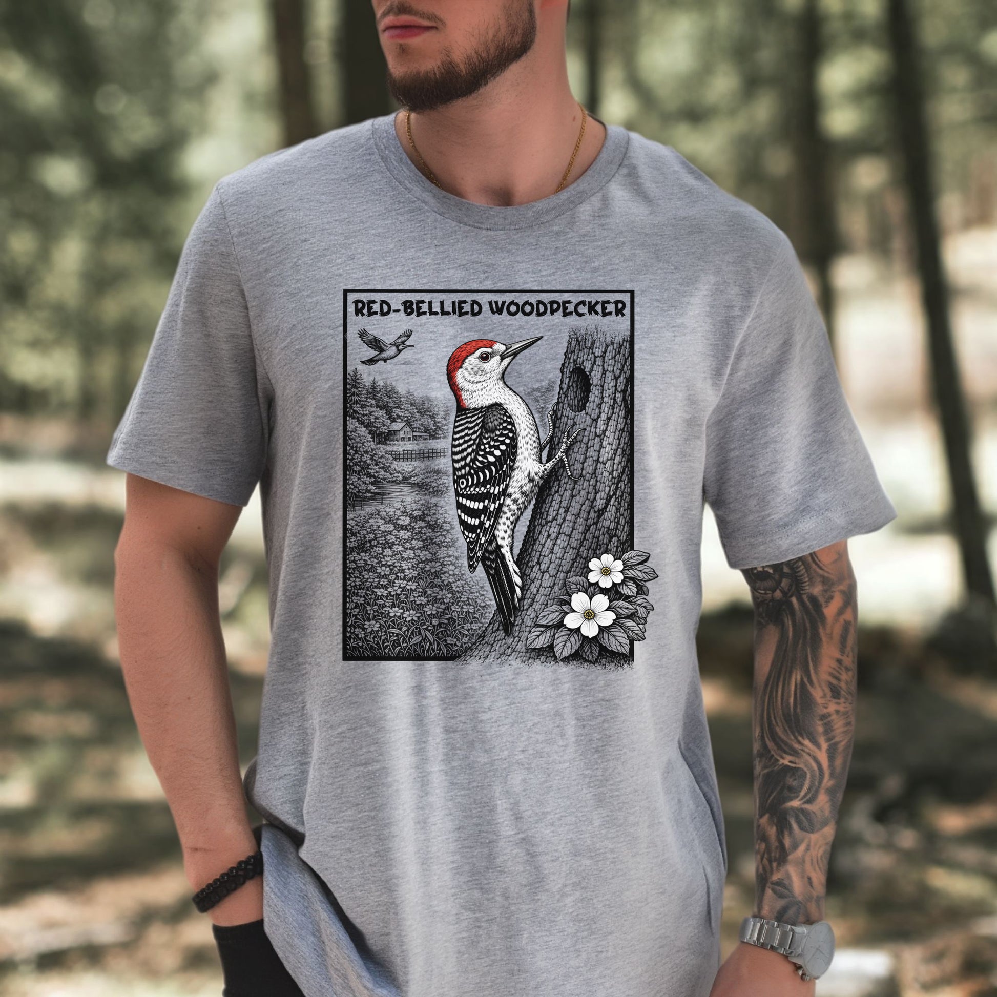 Red-Bellied Woodpecker T-Shirt – Retro Forest Birdwatching Vibes