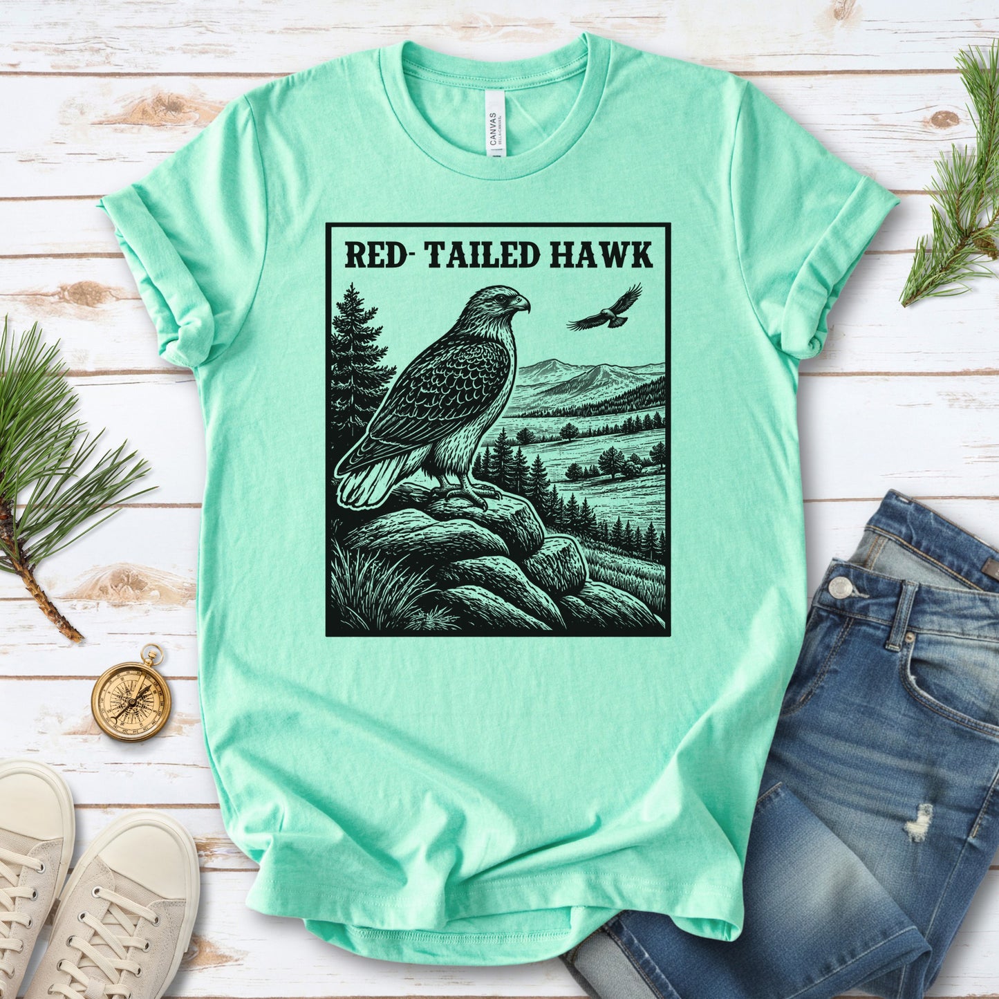 Red-Tailed Hawk Vintage Raptor Illustration Birdwatching T-Shirt