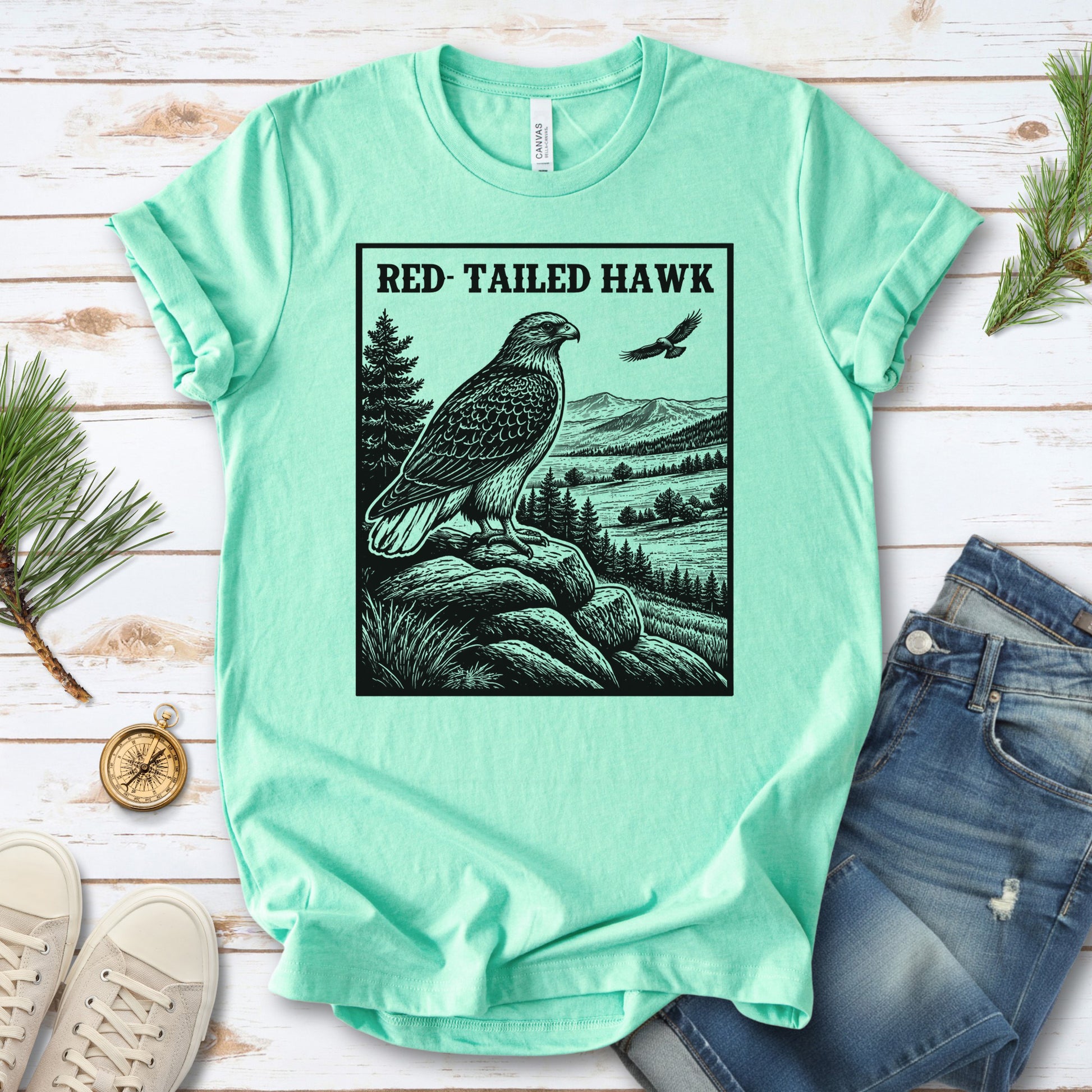 Red-Tailed Hawk Vintage Raptor Illustration Birdwatching T-Shirt