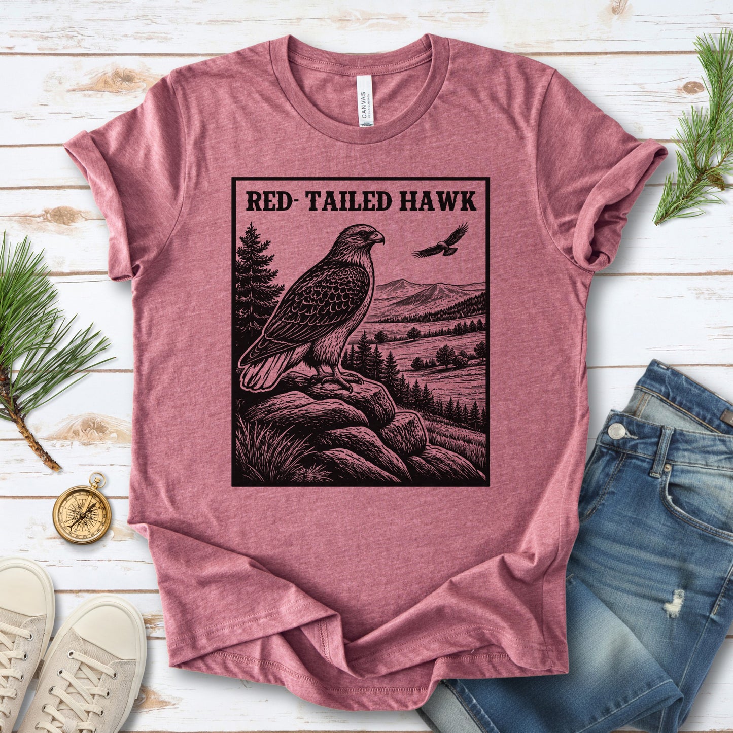 Red-Tailed Hawk Vintage Raptor Illustration Birdwatching T-Shirt