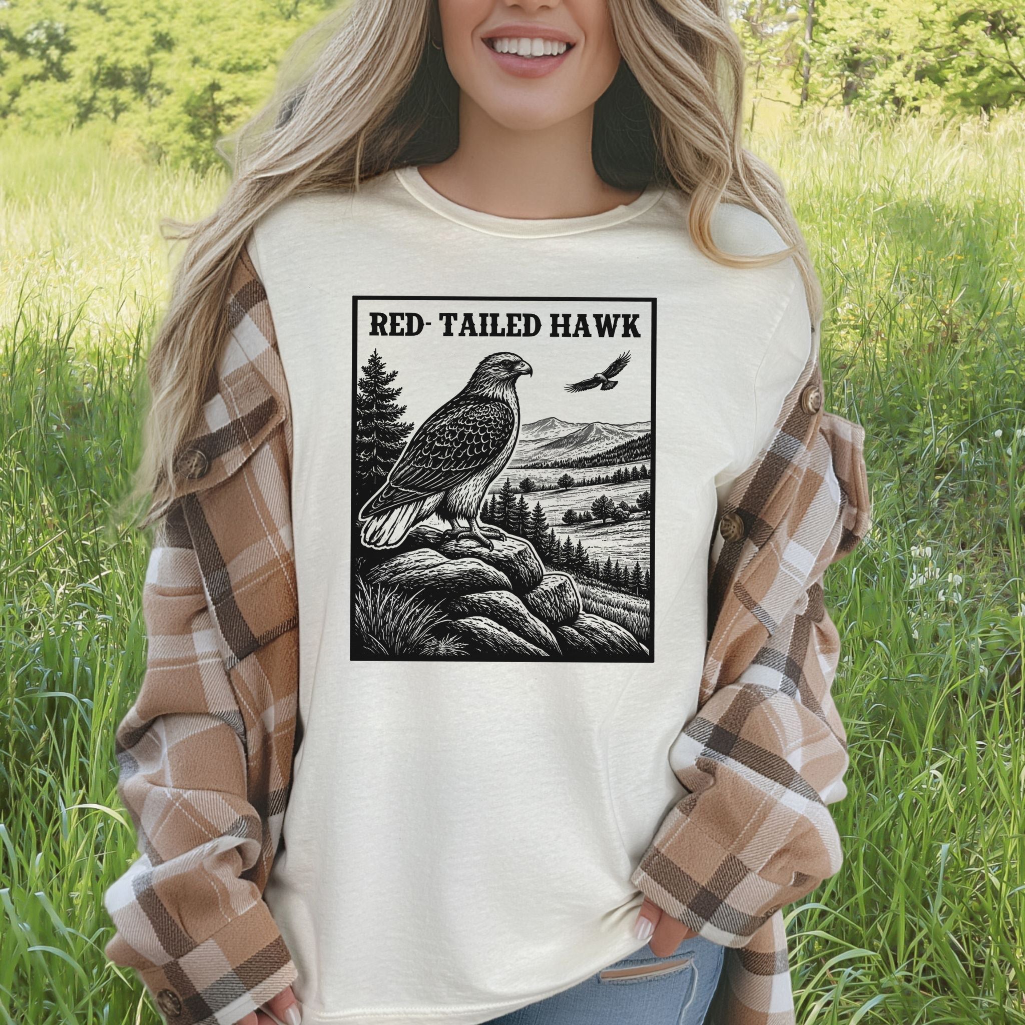 Red-Tailed Hawk Vintage Raptor Illustration Birdwatching T-Shirt
