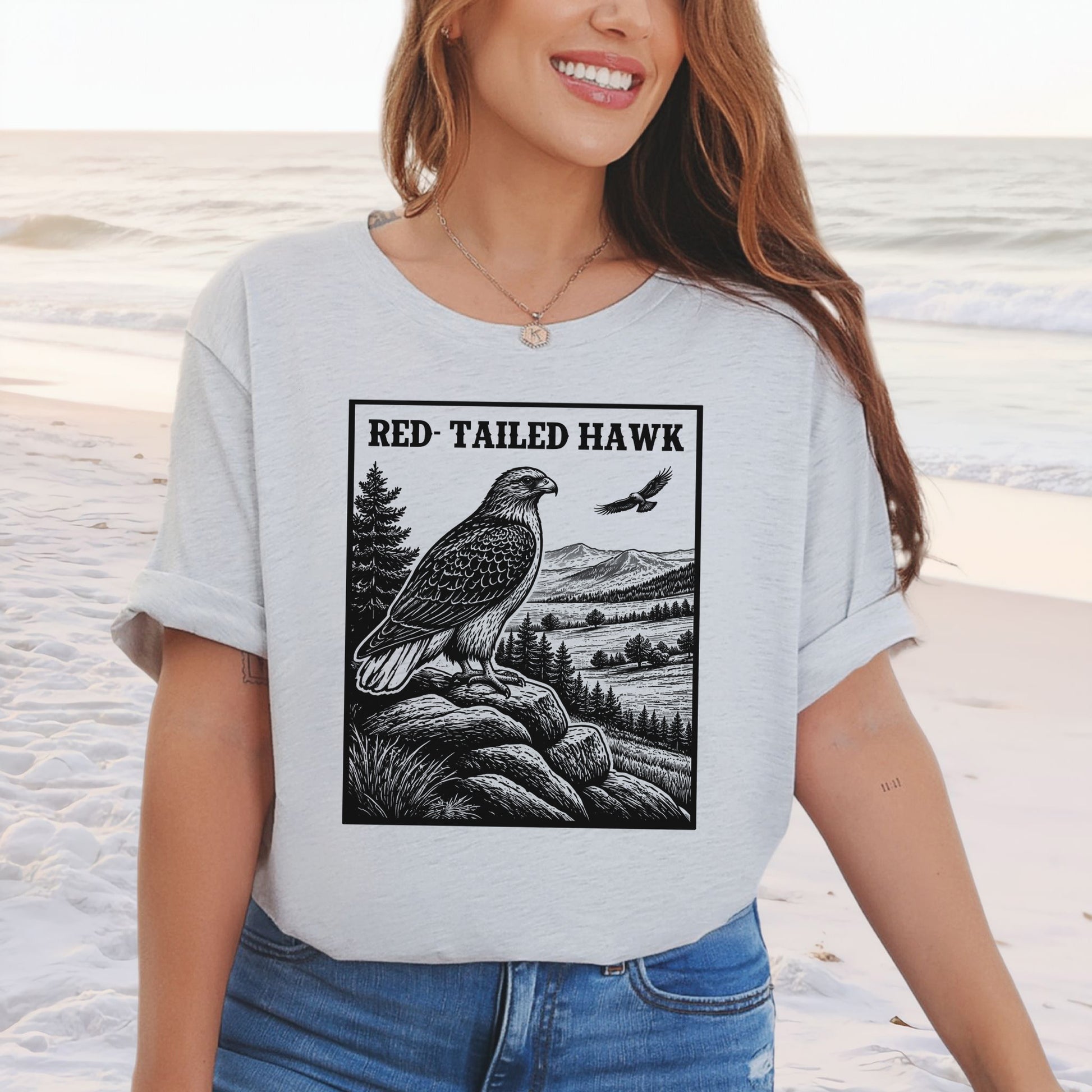 Red-Tailed Hawk Vintage Raptor Illustration Birdwatching T-Shirt